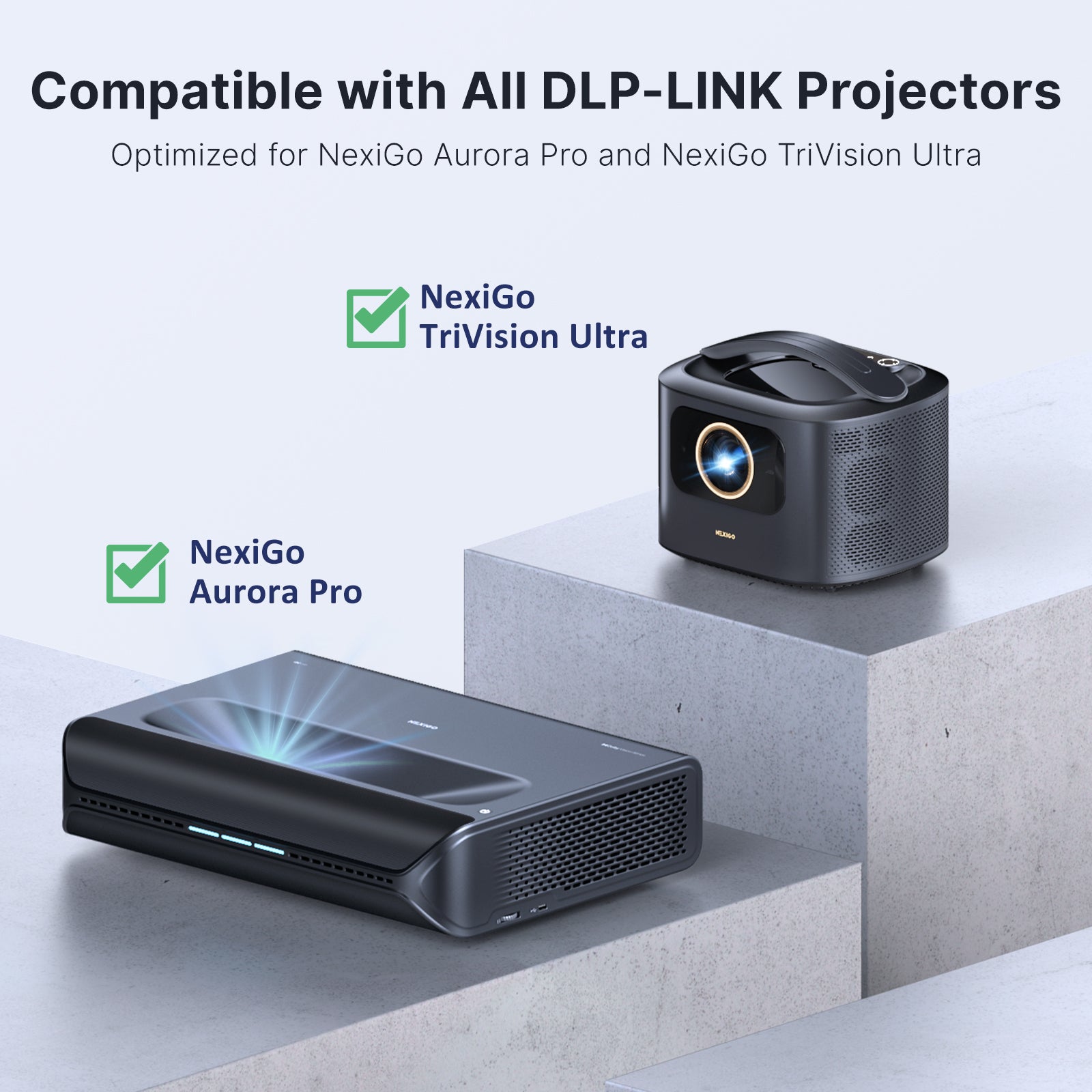 NexiGo Aurora Series laser projector and TriVision Ultra on a table.