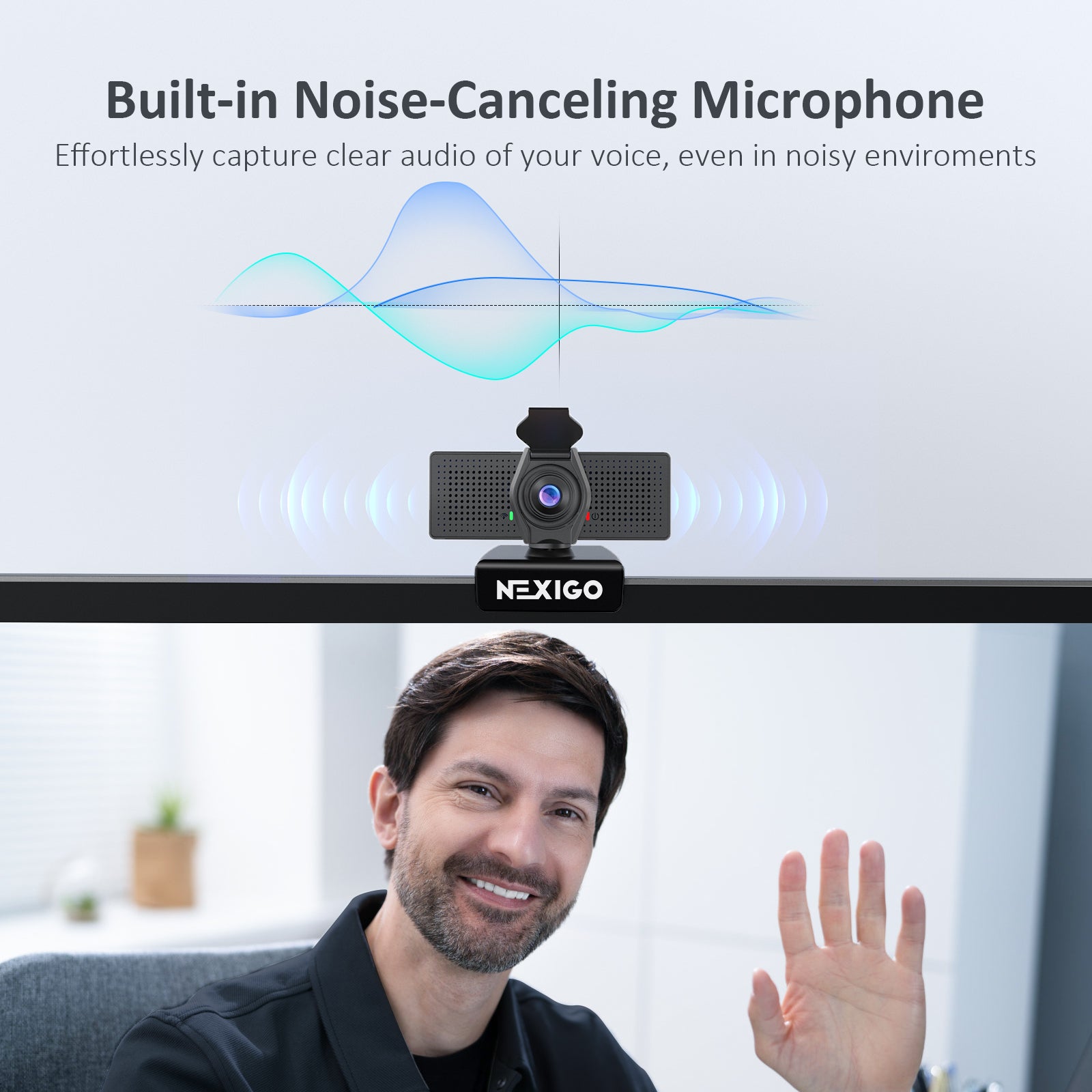 A man is using the N60 Pro camera for a video call, featuring a built-in noise-canceling microphone.