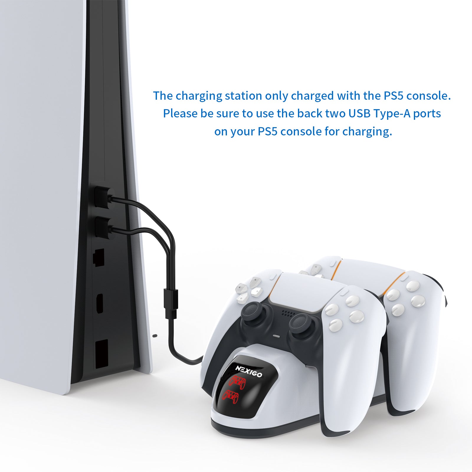 The charging dock is connected to the PS5 console using the Upgraded Dual USB cable.