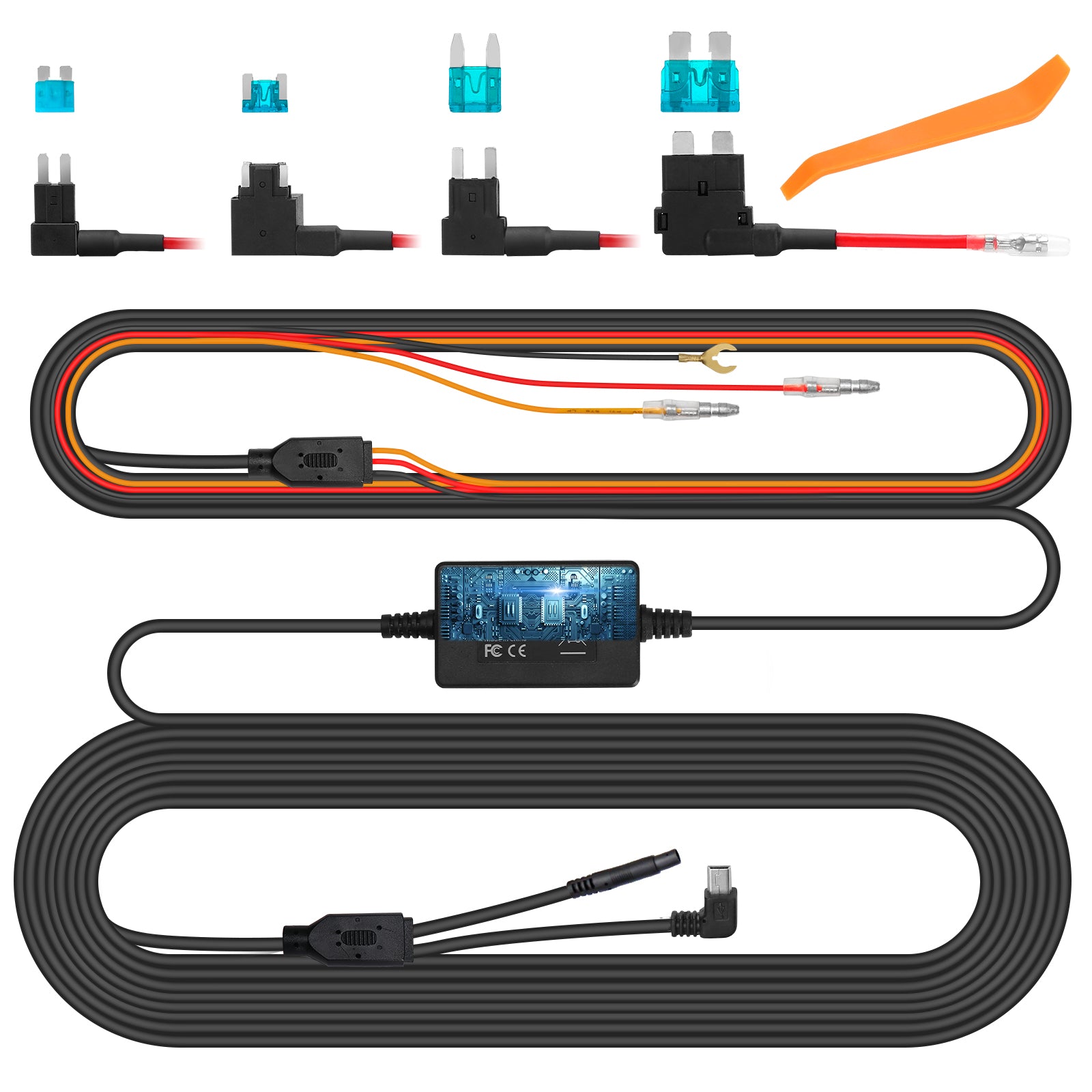 Dash Cam Hardwire Kit with 4 x Fuse Taps, 4 x Blade Fuses and 1 x Pry Tool.