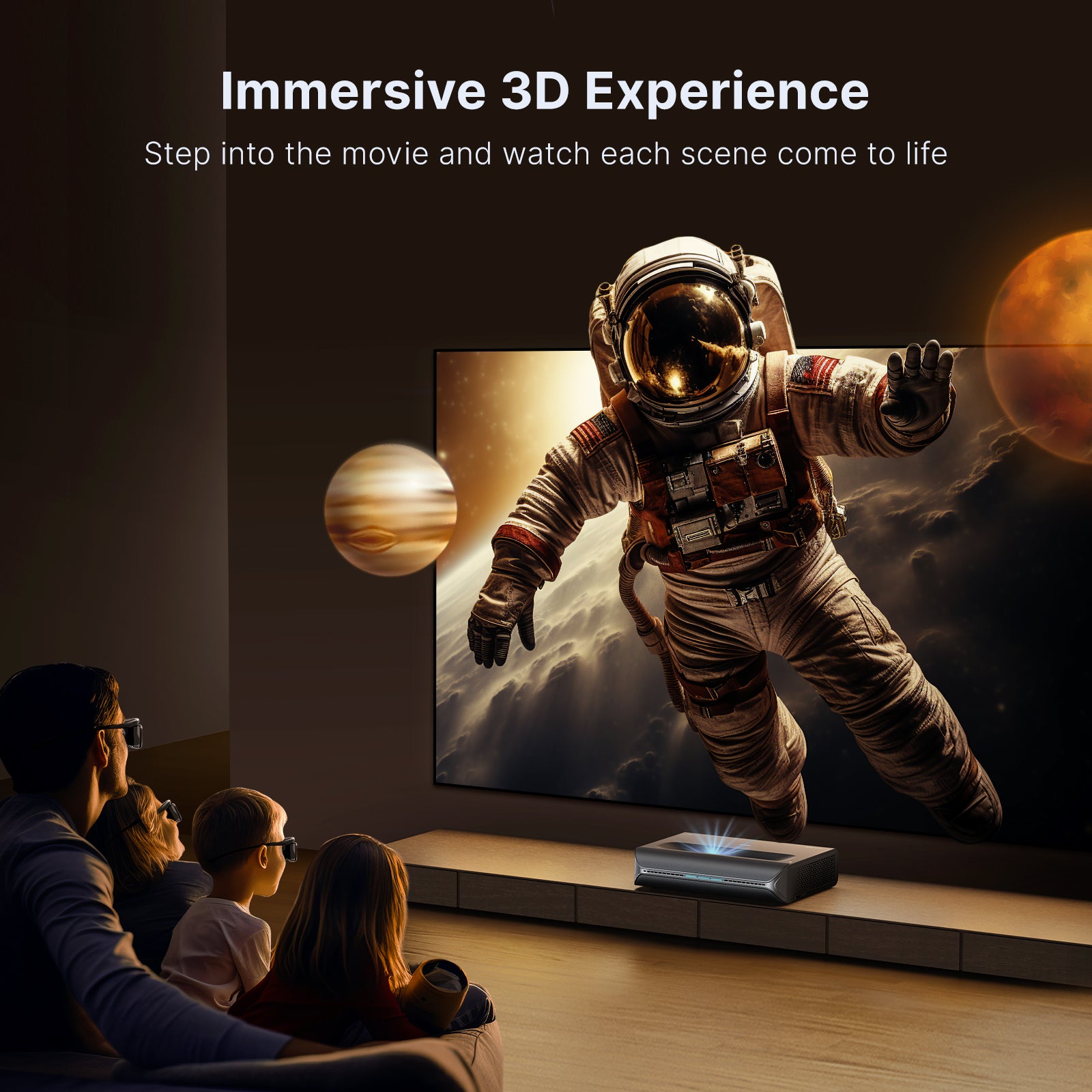 A family watches a movie with 3D glasses as an astronaut steps out of the screen.