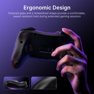 Hand holding Hall Effect controller with comfortable textured grips.