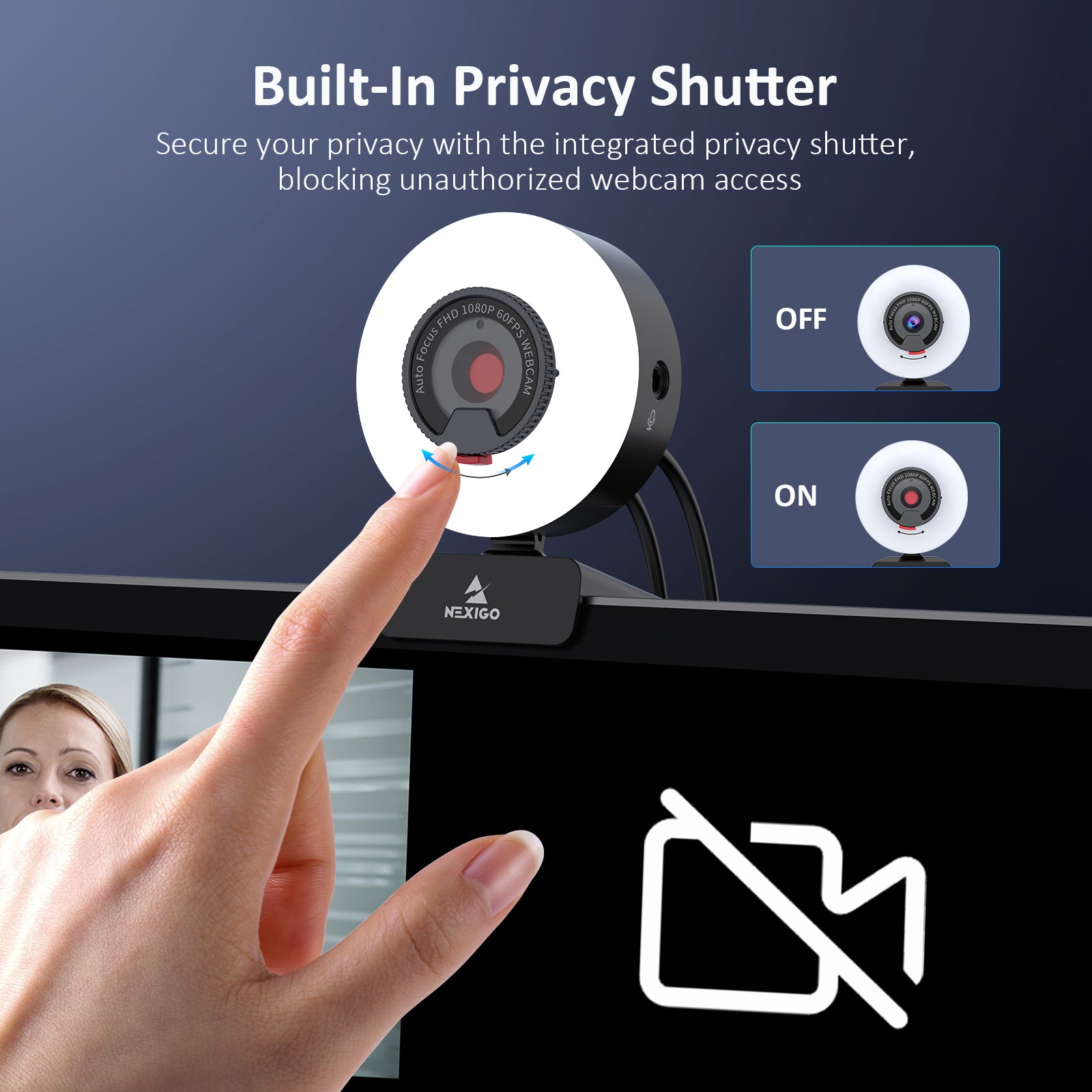 Webcam with built-in privacy cover. Slide right to turn off, left to turn on.
