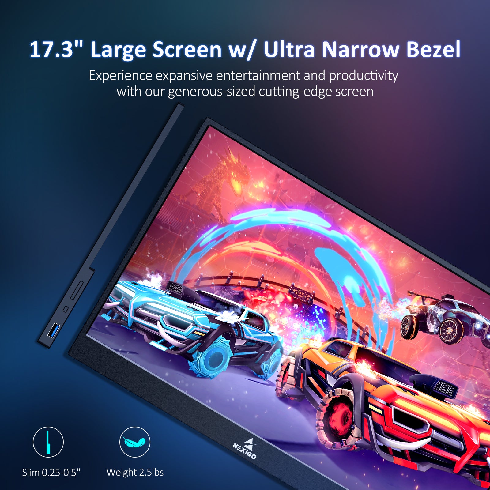 The monitor has USB-C (charging), USB-C (full-featured), HDMI, power, and volume -/+ interfaces.
