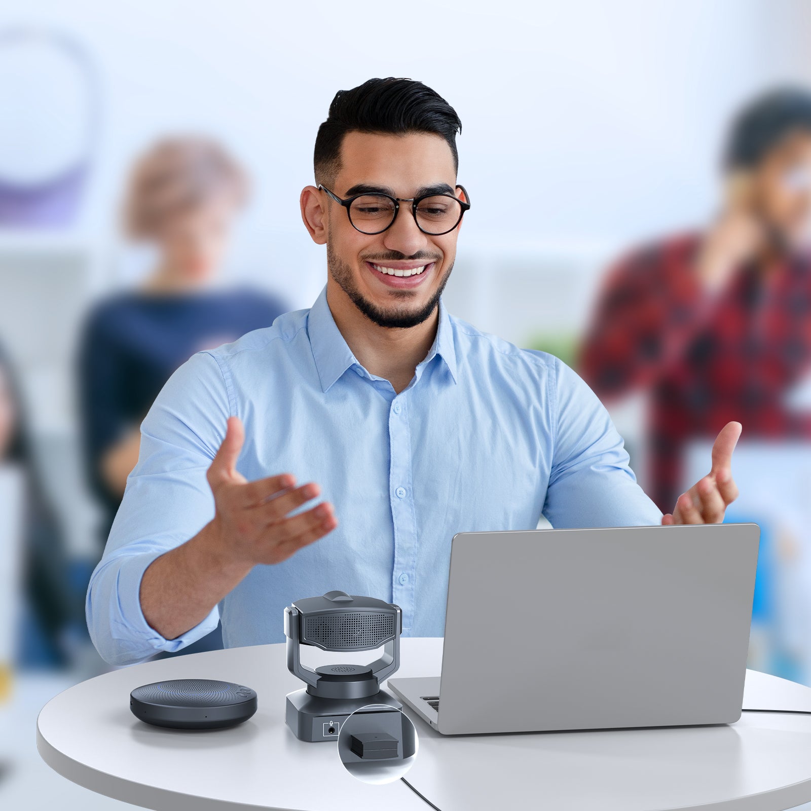 Businessman Utilizes NexiGo Webcam and Bluetooth Adapter for Speakerphone in Online Meetings