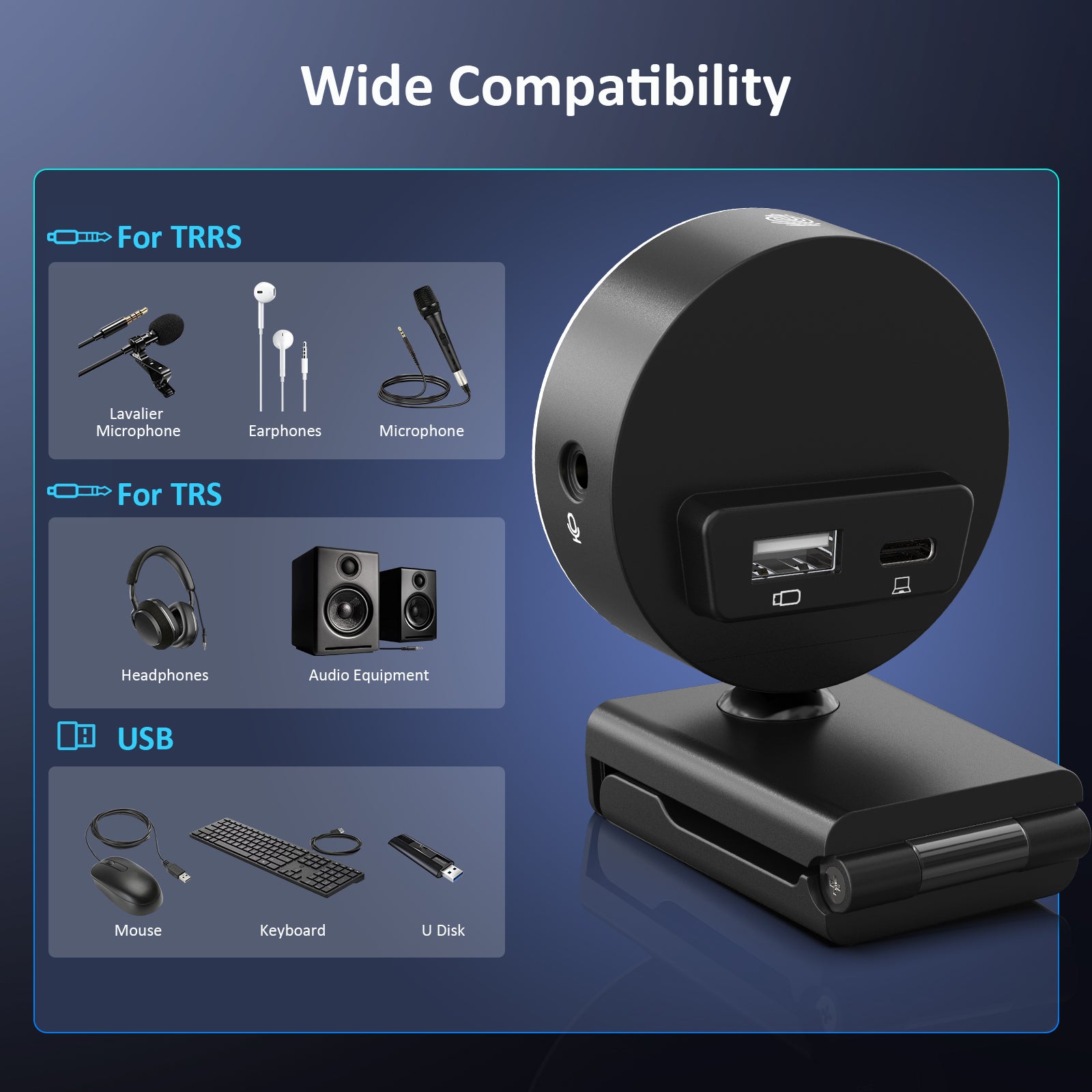 Webcam with additional USB and 3.5mm ports, compatible with devices like headphones and U Disk