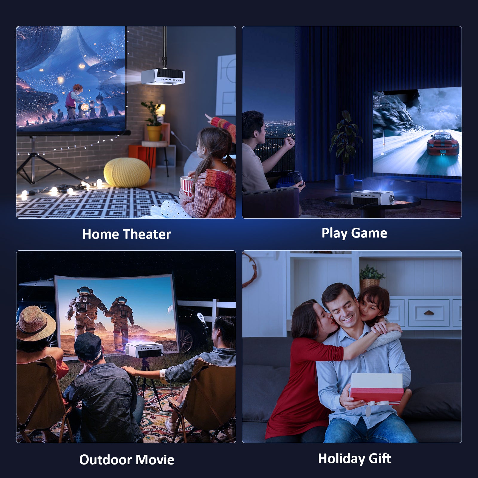 The PJ10 projector can be used for home theater, gaming, outdoor movies, and as a holiday gift.