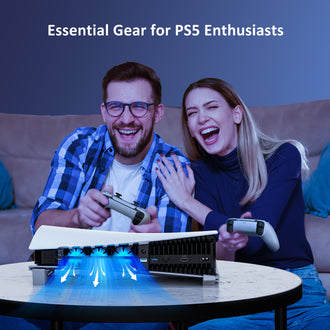 A couple is playing PS5 games, with a PS5 console on the table with NexiGo cooing fan and stand.