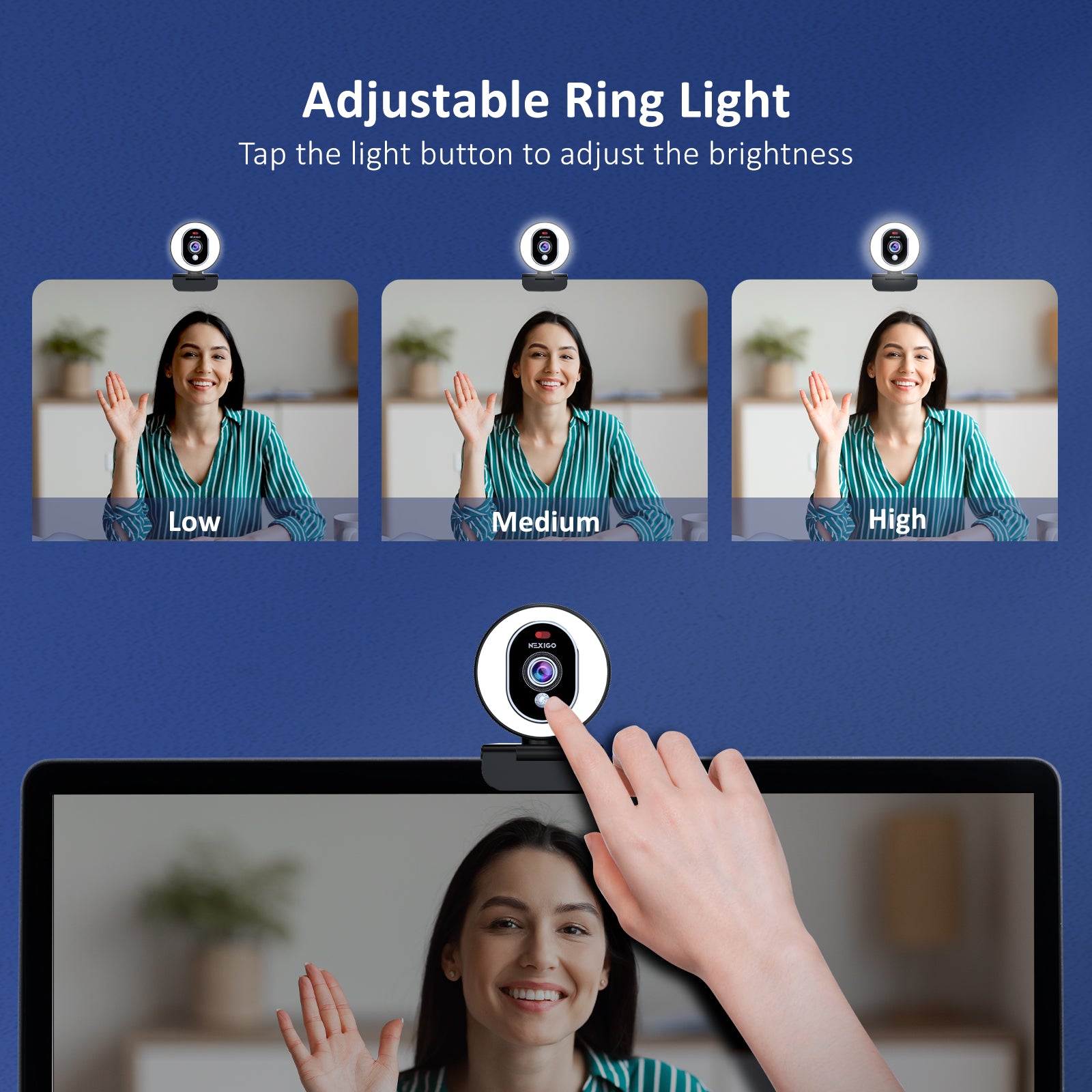 The webcam features built-in 3-level ring light with touch control (Low, Medium, High)