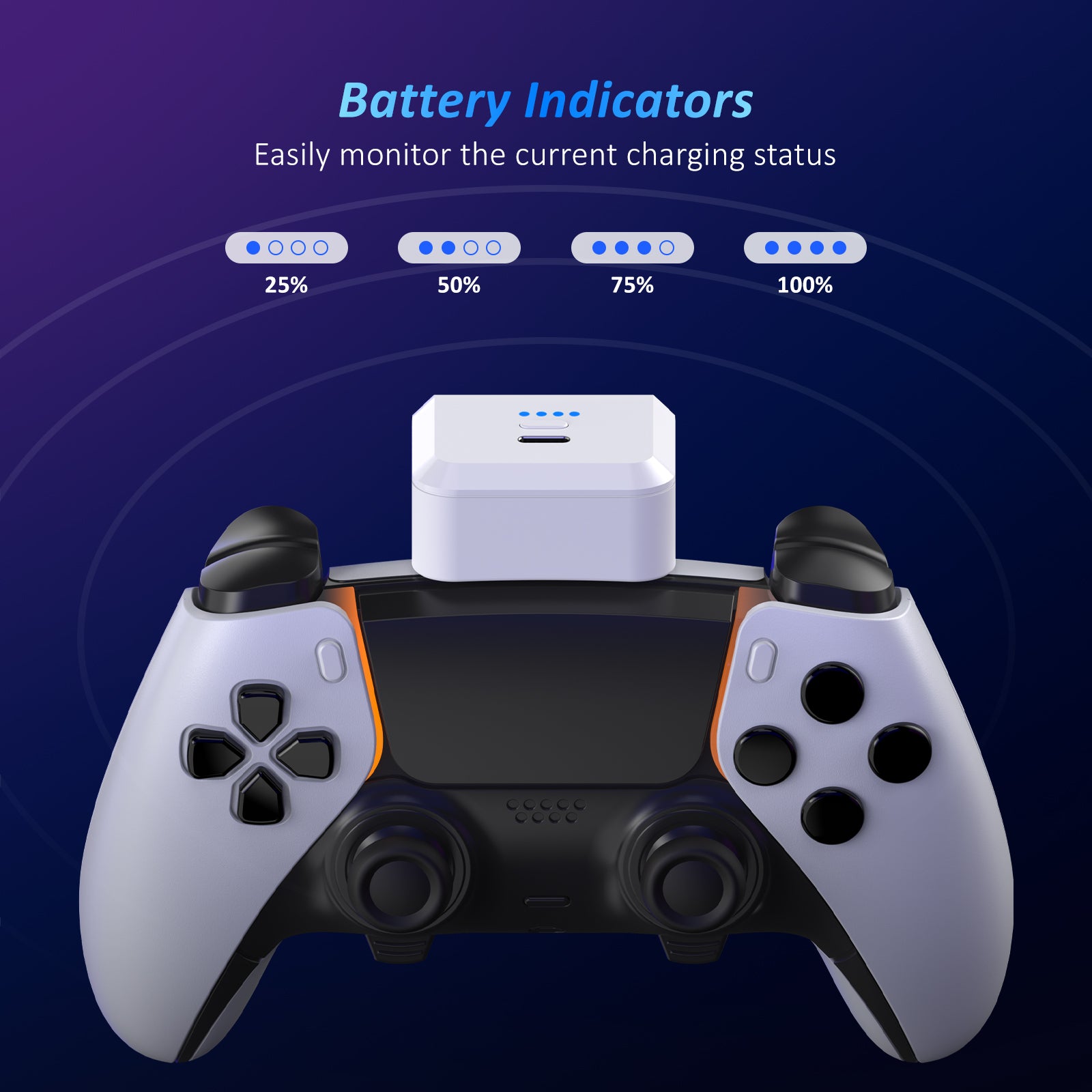 The battery pack features a blue indicator light, allowing for clear visibility of the remaining battery capacity.