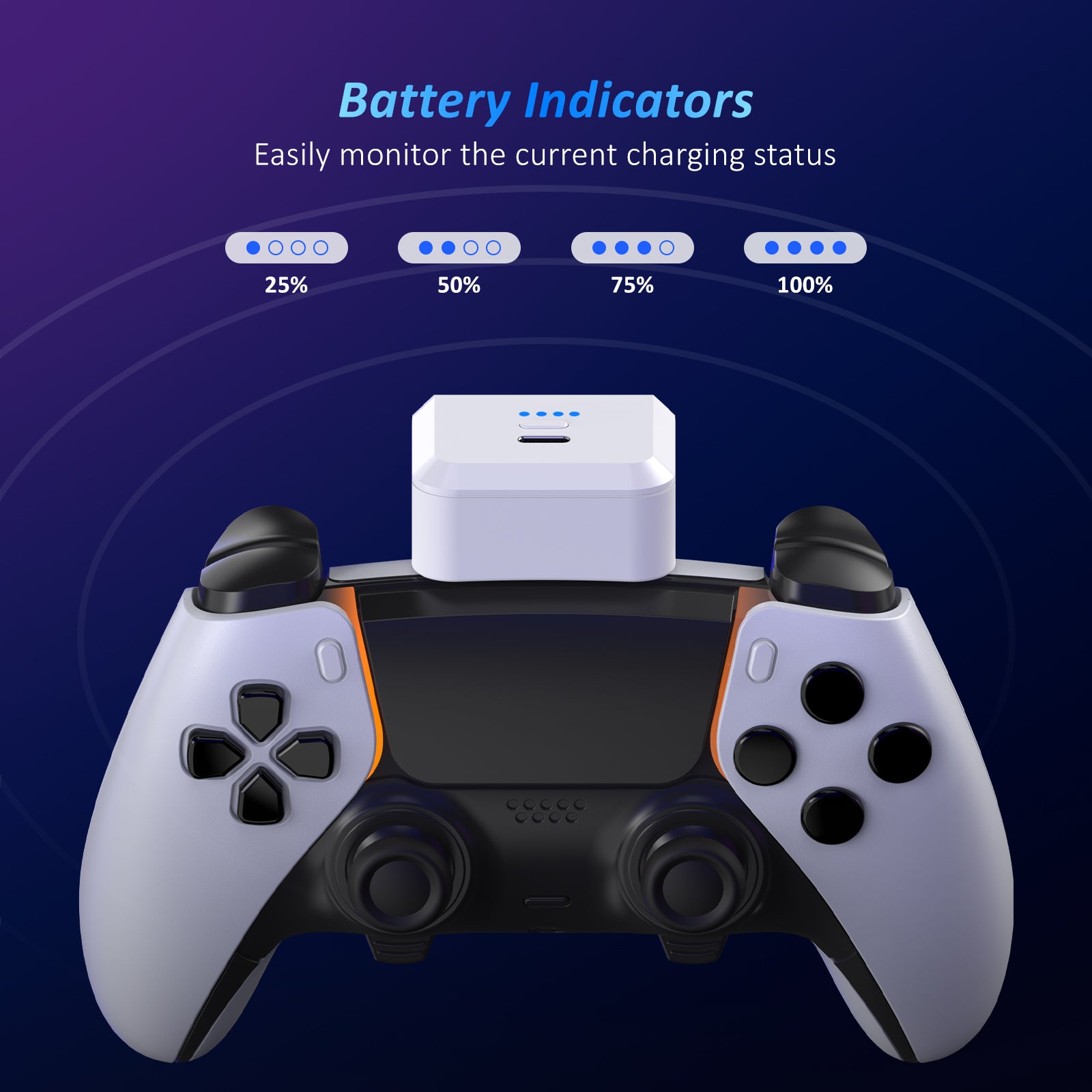 The battery pack features a blue indicator light, allowing for clear visibility of the remaining battery capacity.