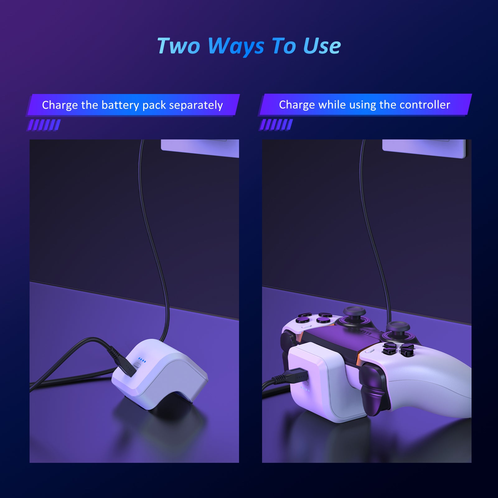 There are two ways to charge thebattery pack: you can charge it separately, or you can plug it into the controller for charging.