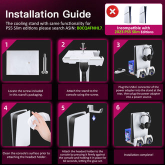 Secure the console on the cooling stand with nails, plug power adapter, and attach headphone hook.