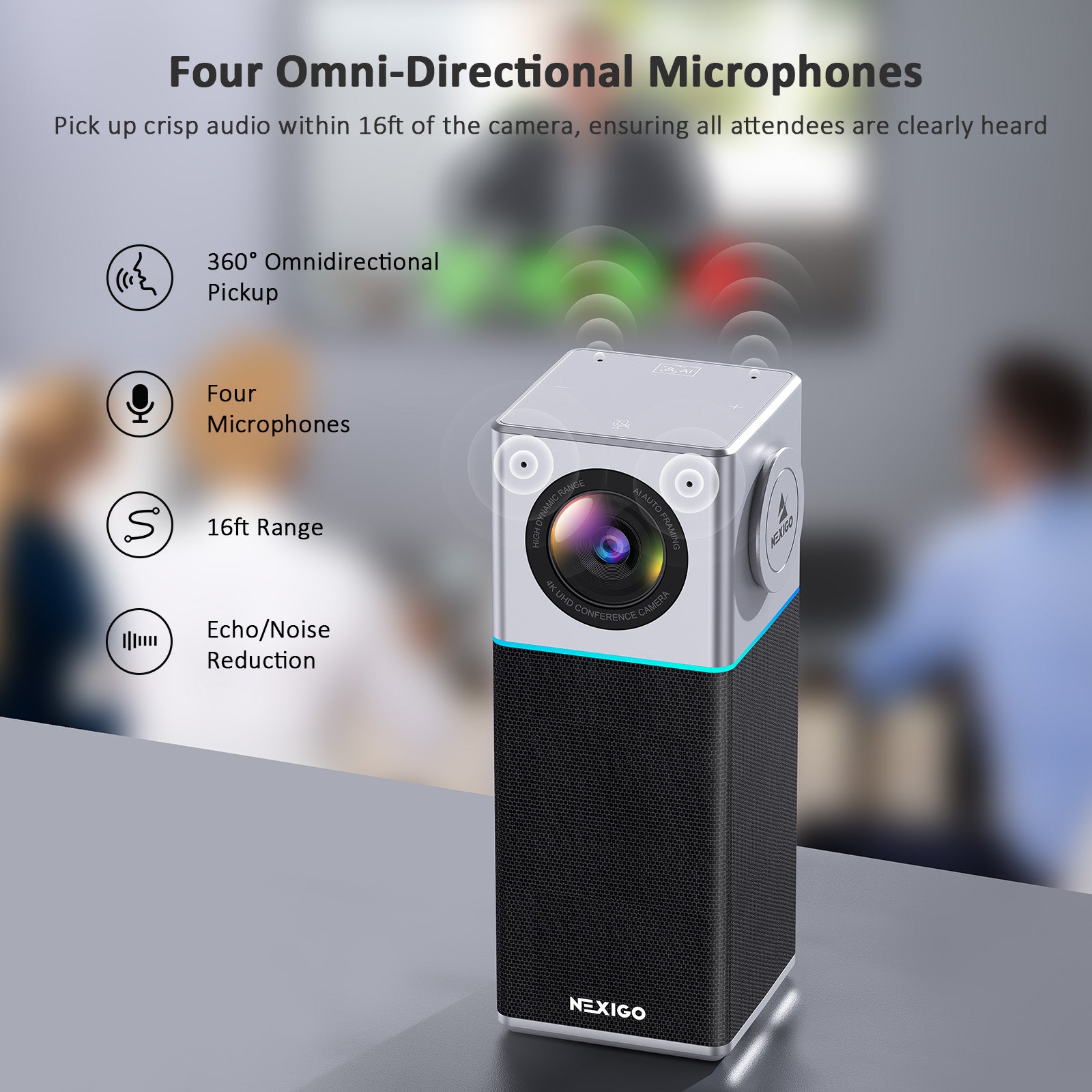The Conference Camera has 4 microphones for 360° spatial audio pickup, with a maximum range of 18ft