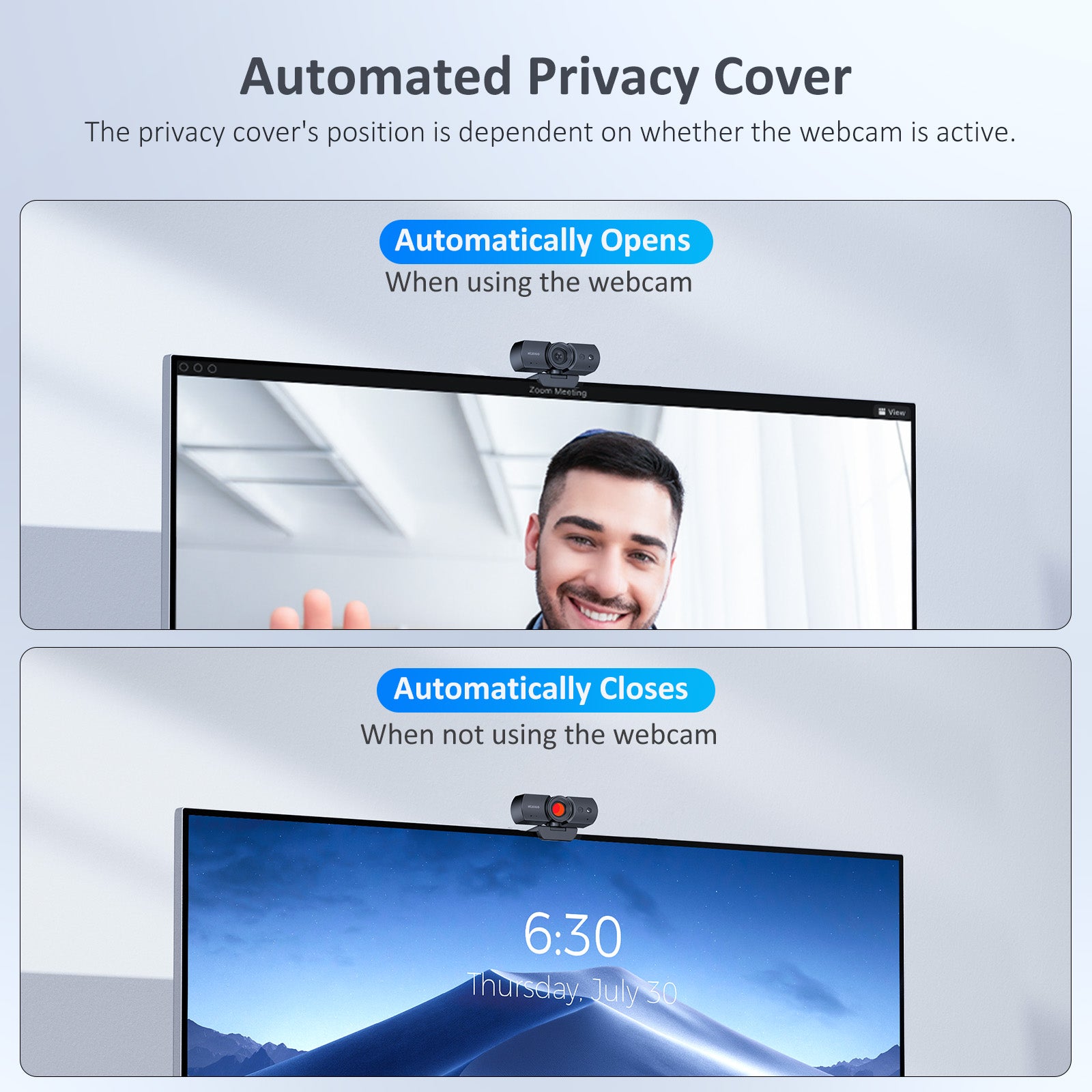 The automatic privacy cover that opens the camera during video calls and
closes it after the call.
