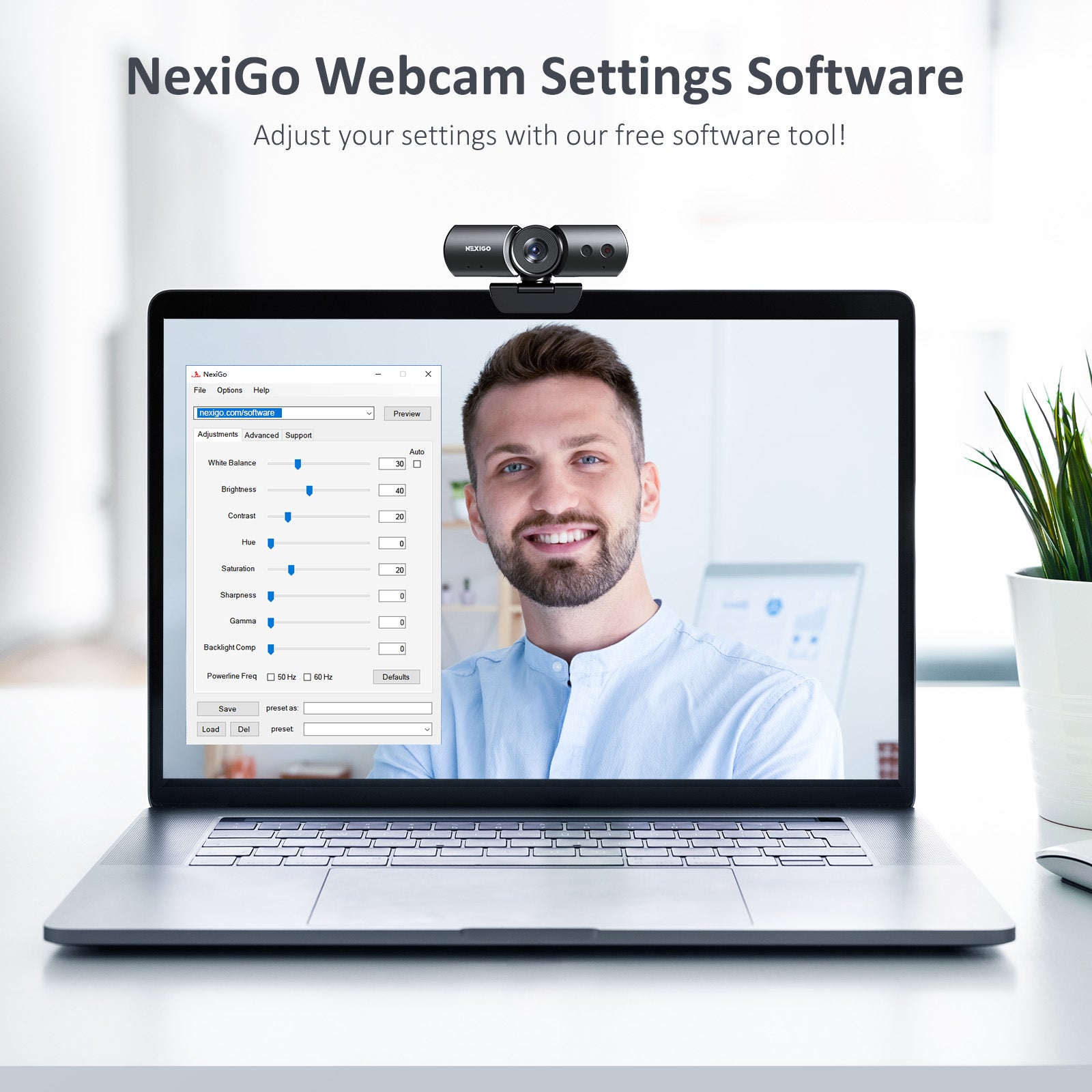 NexiGo N930W mounts on laptop, adjustable via NexiGo software for webcam settings.