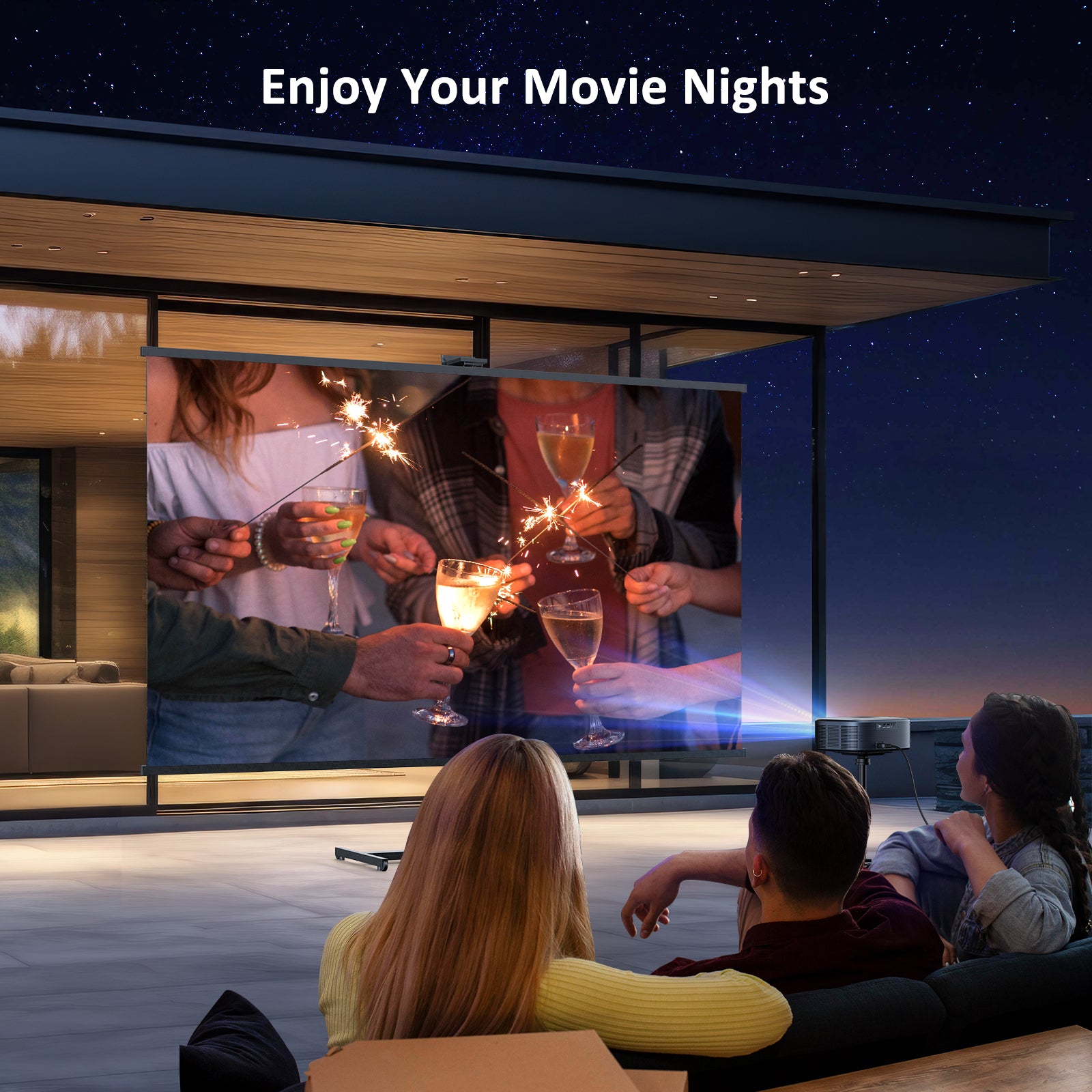 Enjoy a captivating movie night on the balcony as two girls and a boy indulge in the PJ30 Ultra experience.