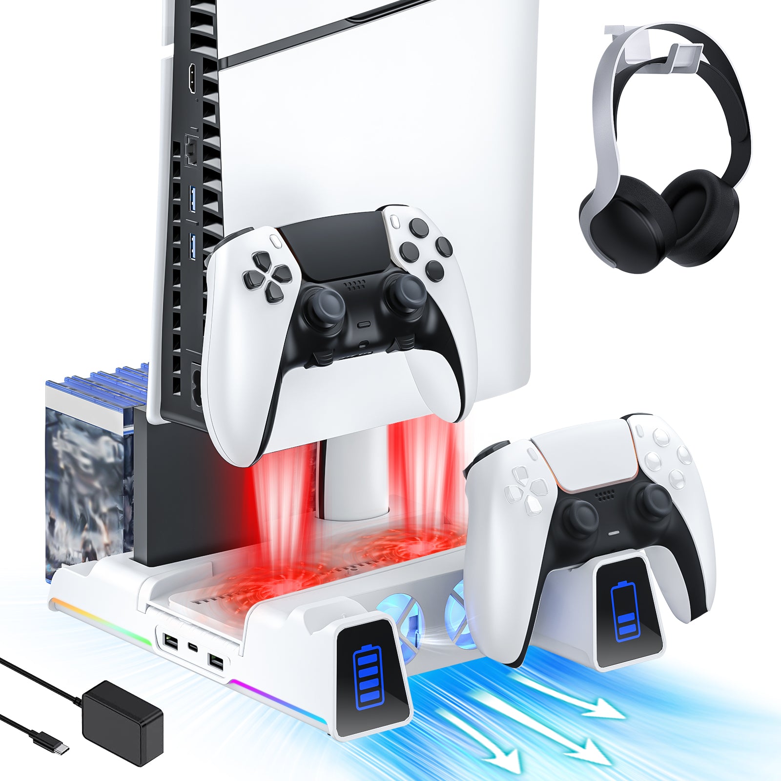 NexiGo white PS5 Silent Cooling Stand with RGB LED Light, Dual Charging Station Compatible with DualSense Edge Controller and PS5 Slim.