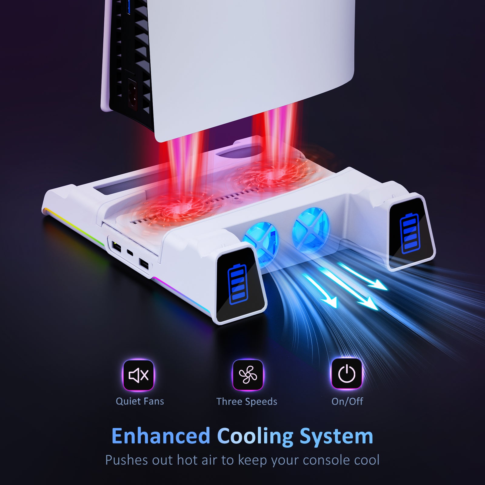 Efficient cooling system with dual fans and bottom vents, reducing console temperature.