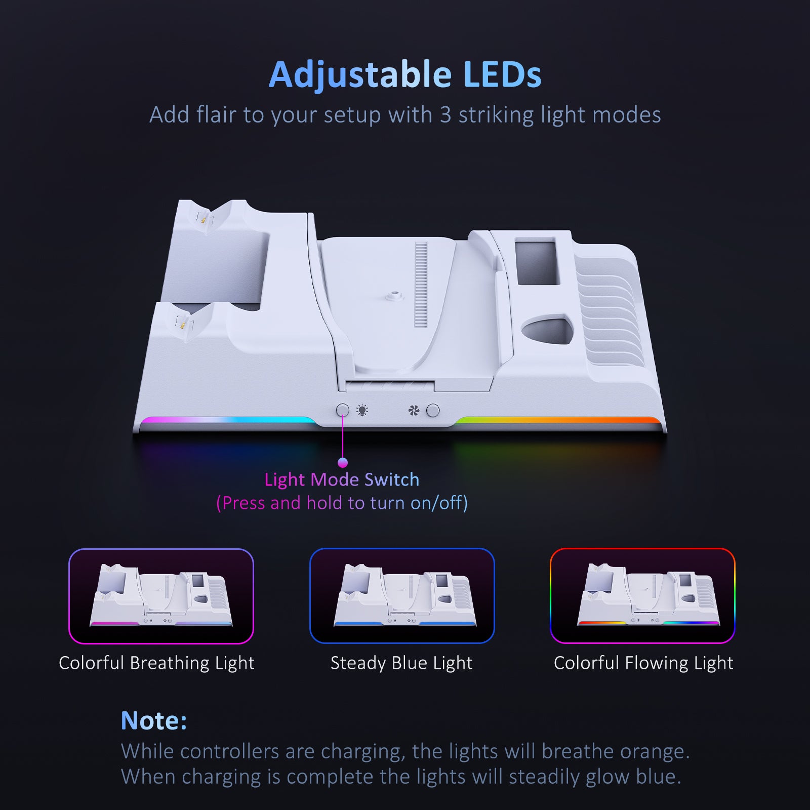 The base features RGB light strips on both sides. Easily switch lighting modes with the side button.