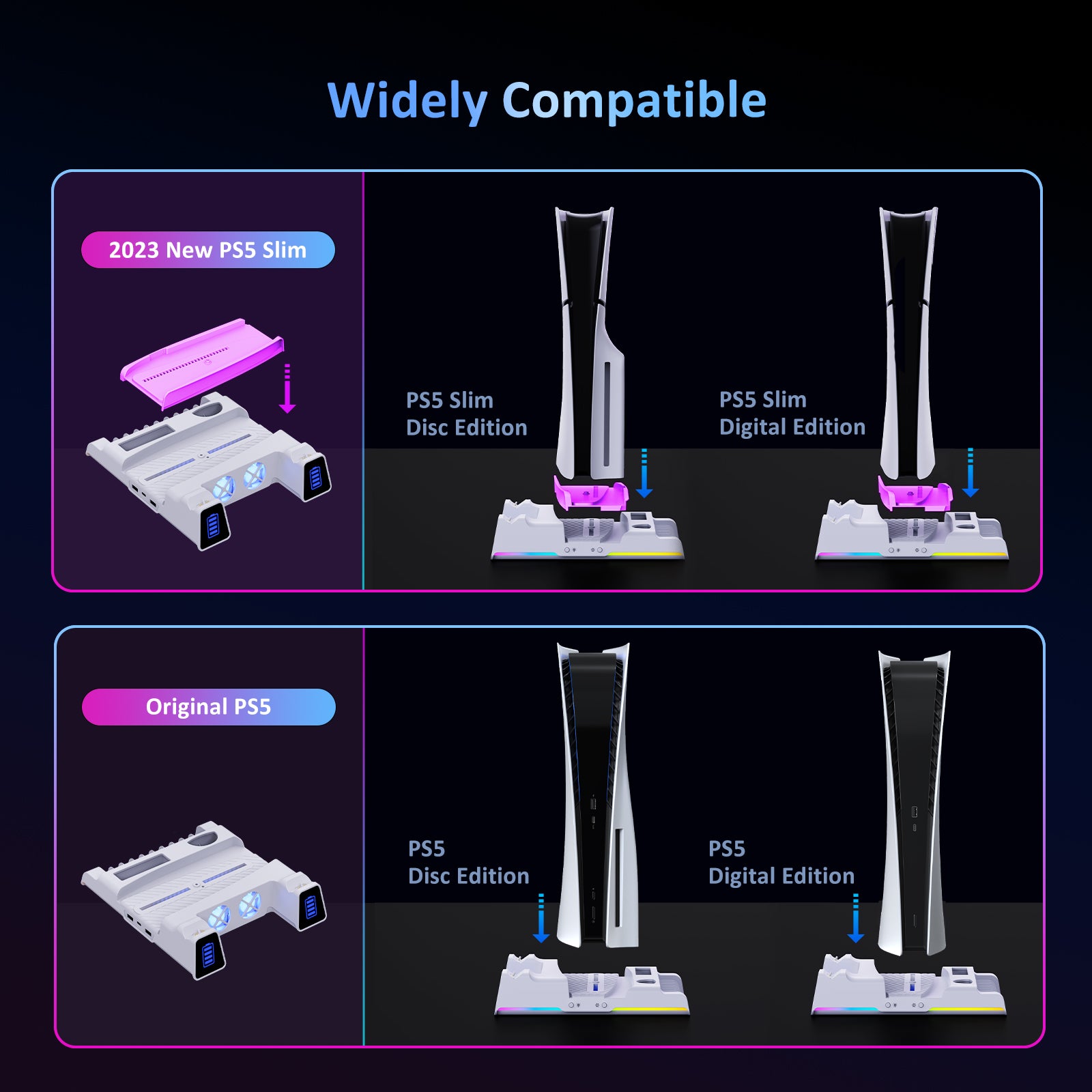 The stand is compatible with both the Disc Edition and Digital Editions of PS5 and PS5 Slim.