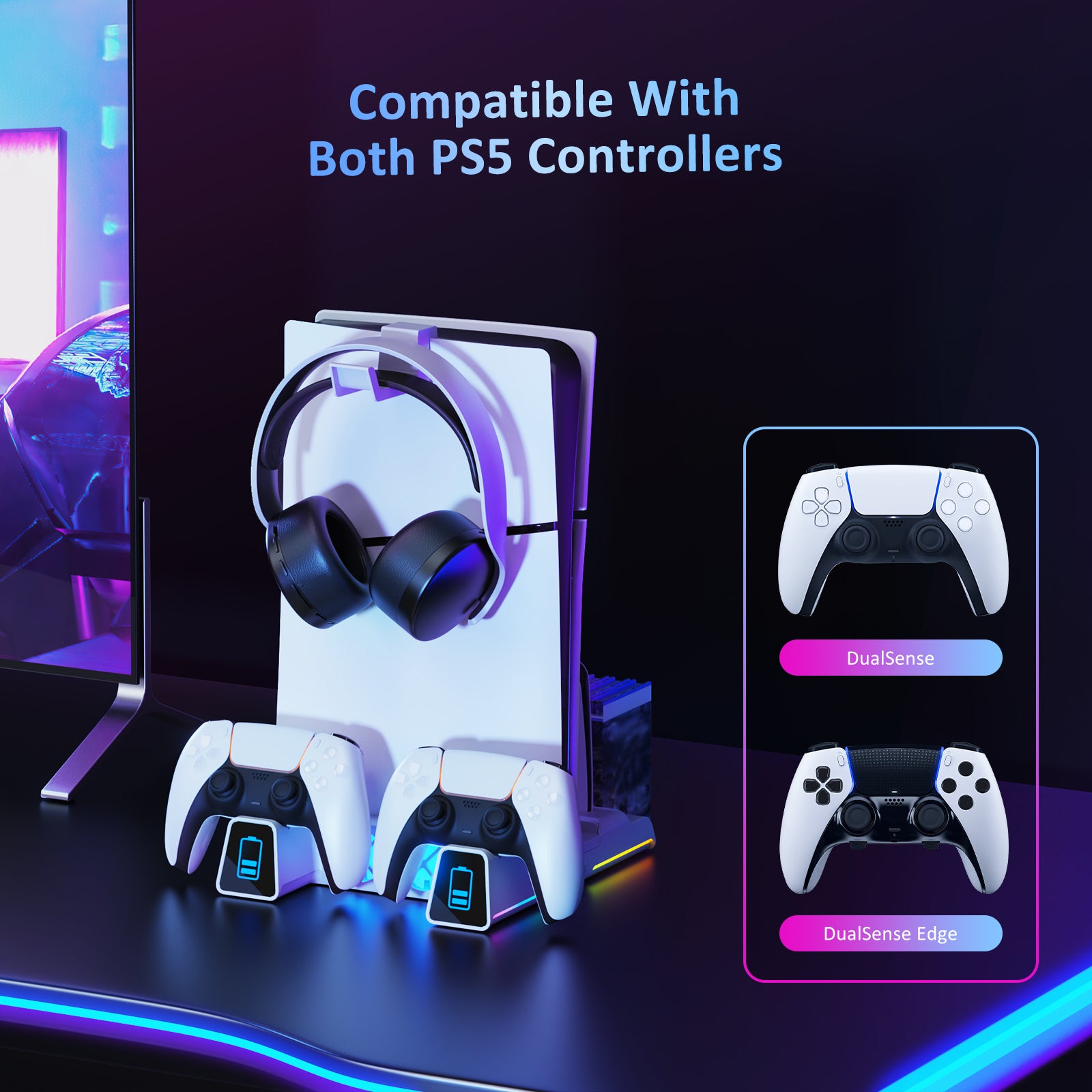 The stand simultaneously charges two PS5 DualSense or DualSense Edge controllers.