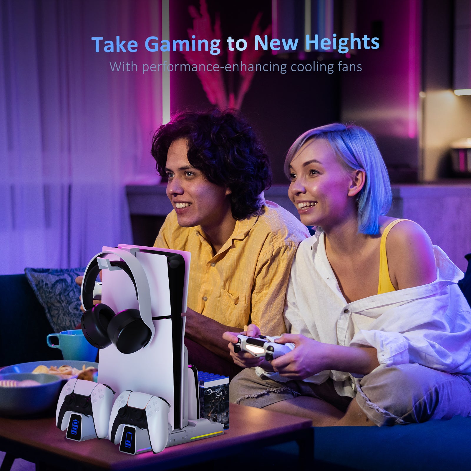 A man and a woman sitting on the sofa playing PS5 games with NexiGo white PS5 Silent Cooling Stand.