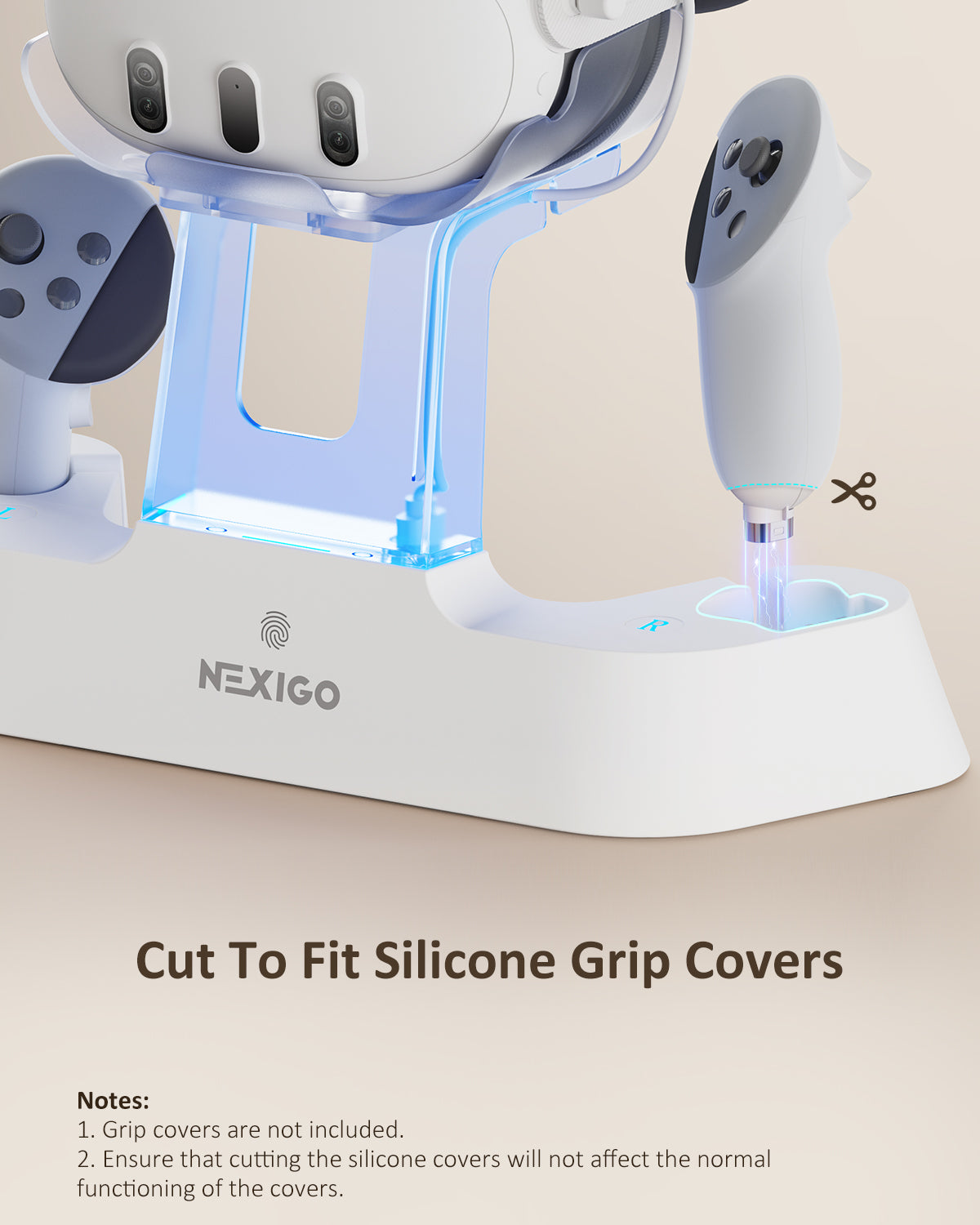 The charging dock is charging for the controller with cut silicone grip covers.