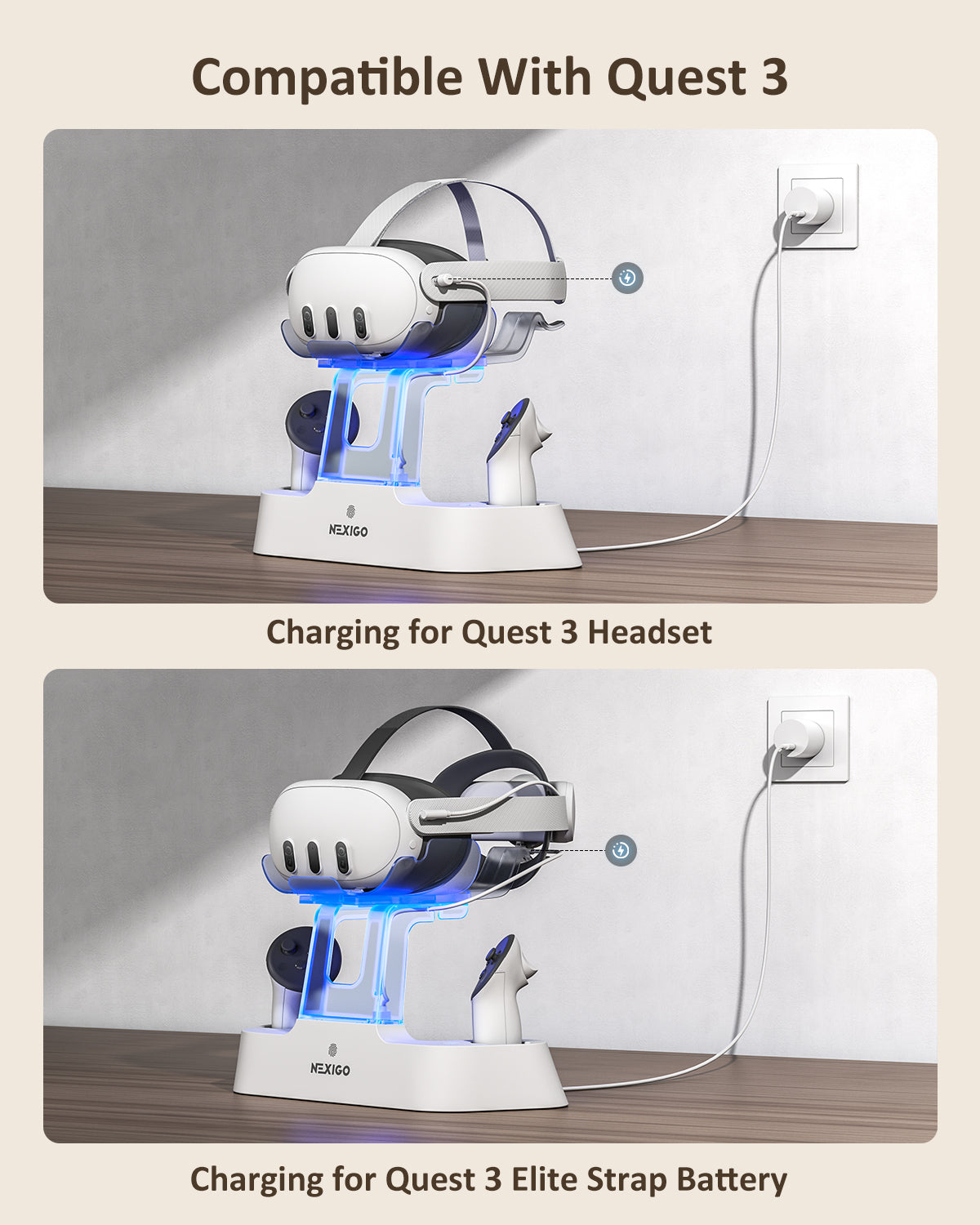 The charging dock is charging for the Quest 3 Headset and the Quest 3 Elite Strap Battery.
