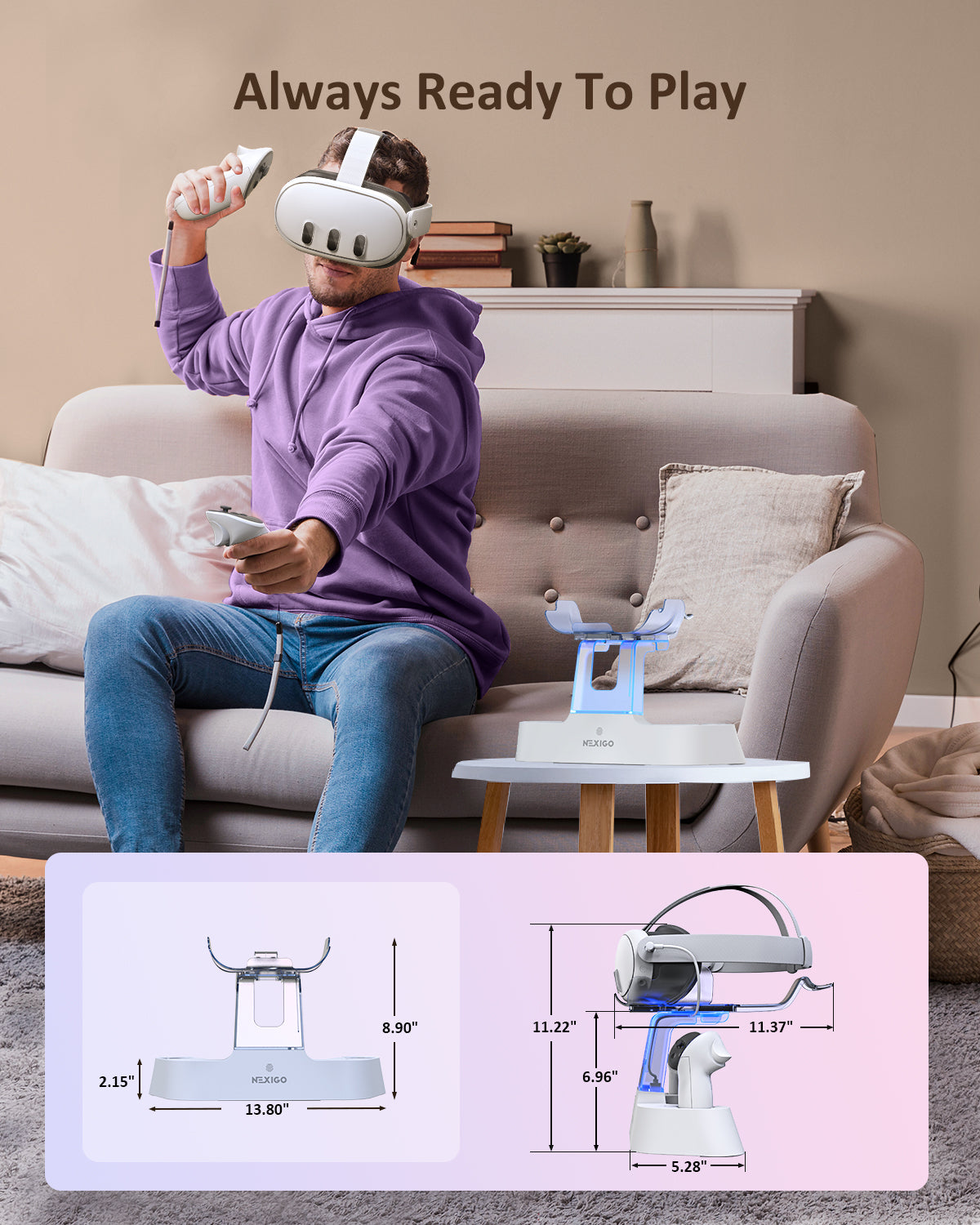 A person is sitting on the sofa playing VR games with an S20 Pro charging dock