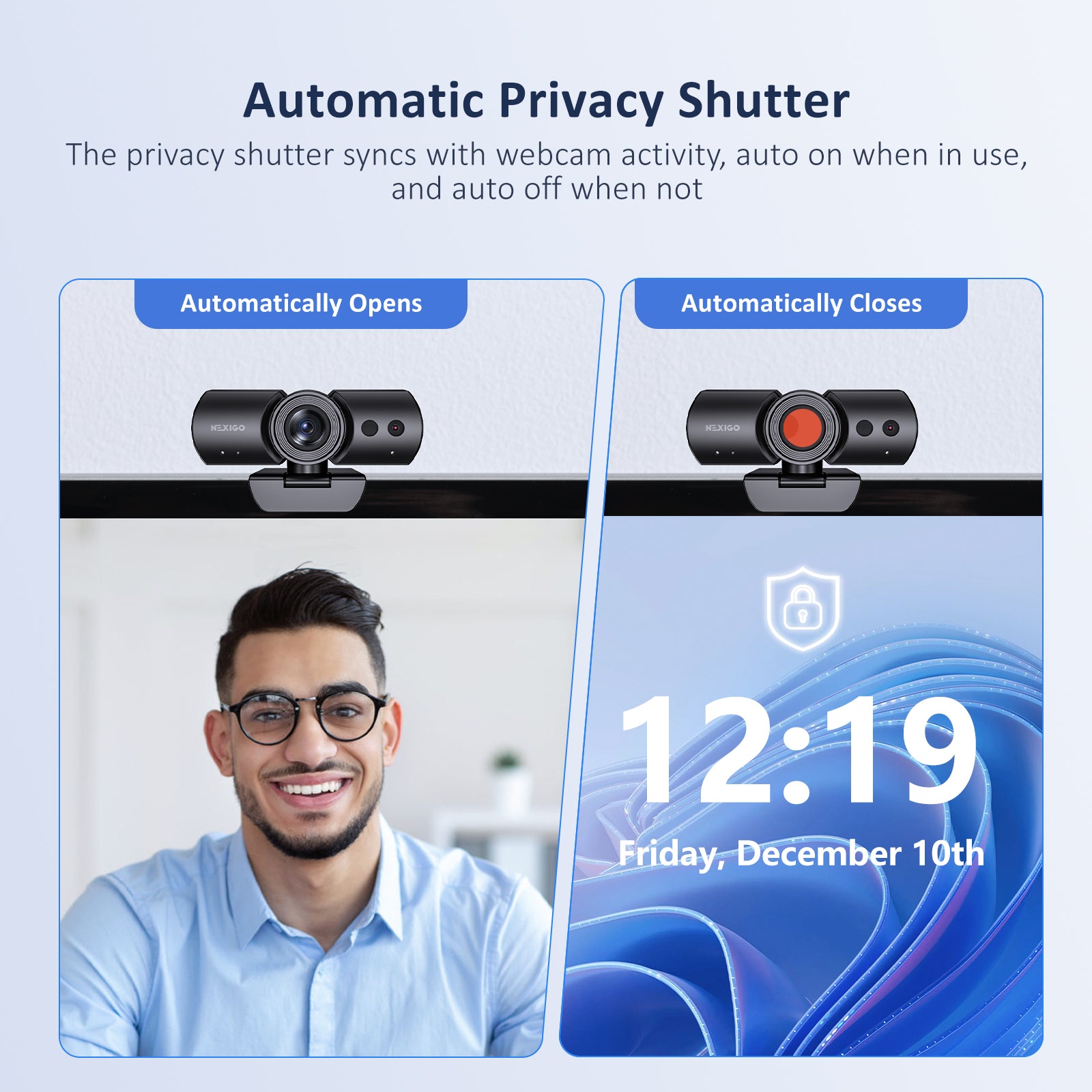 Webcam's privacy shutter auto activates during use, off when not.