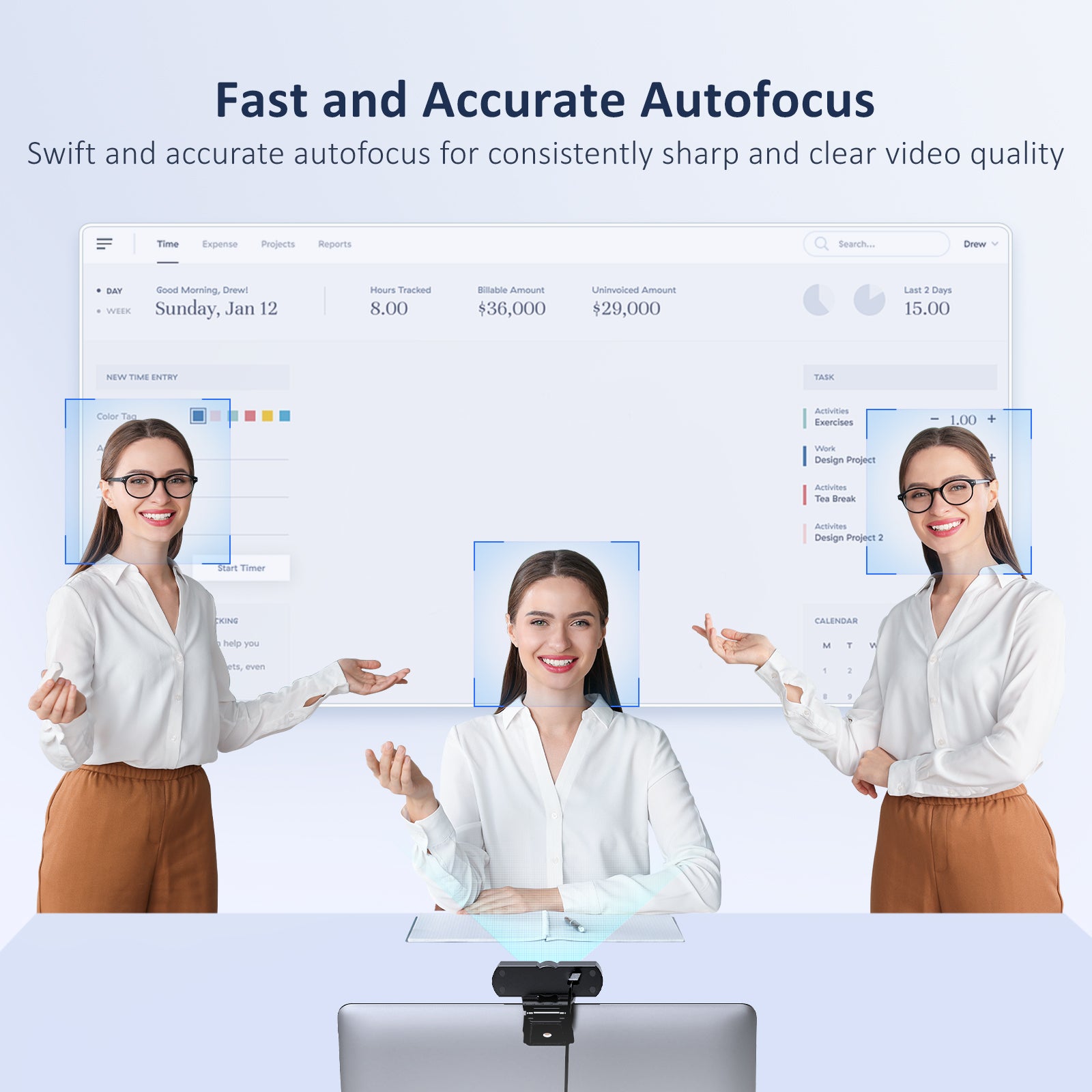 Woman presenting in video, webcam stays focused.