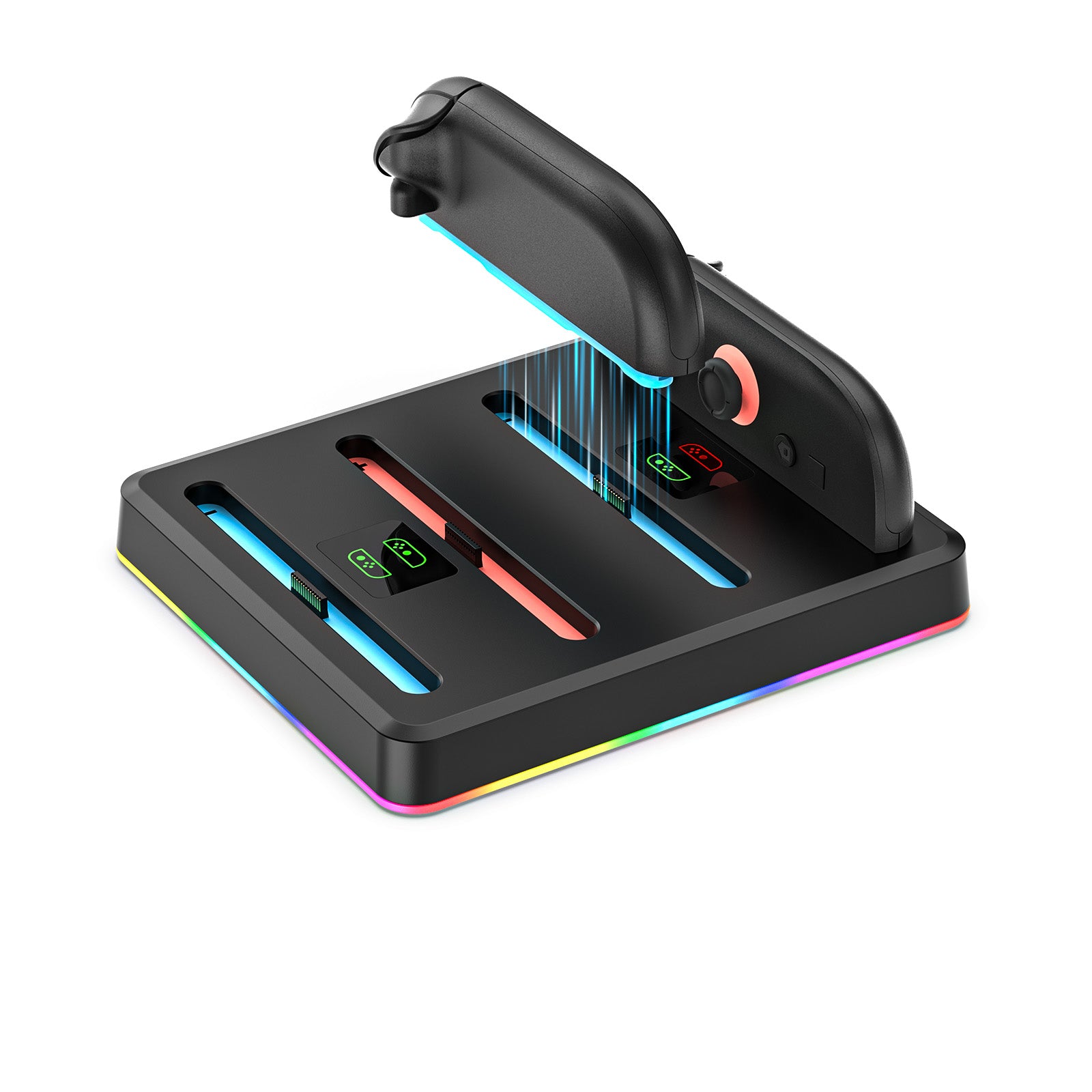 This is a charging dock with RGB lighting that can charge four Joy-Cons simultaneously.