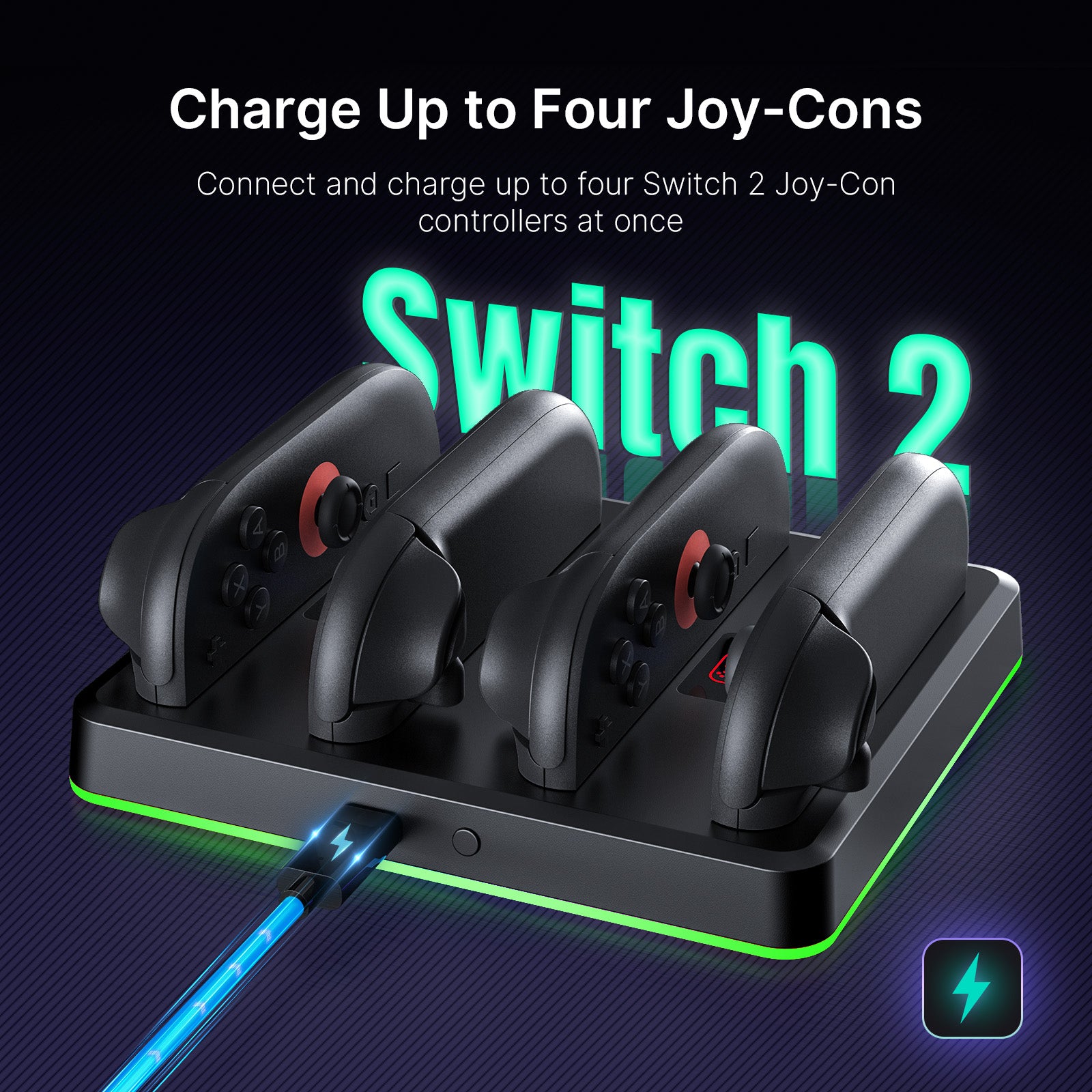 The charging dock is currently charging four controllers.