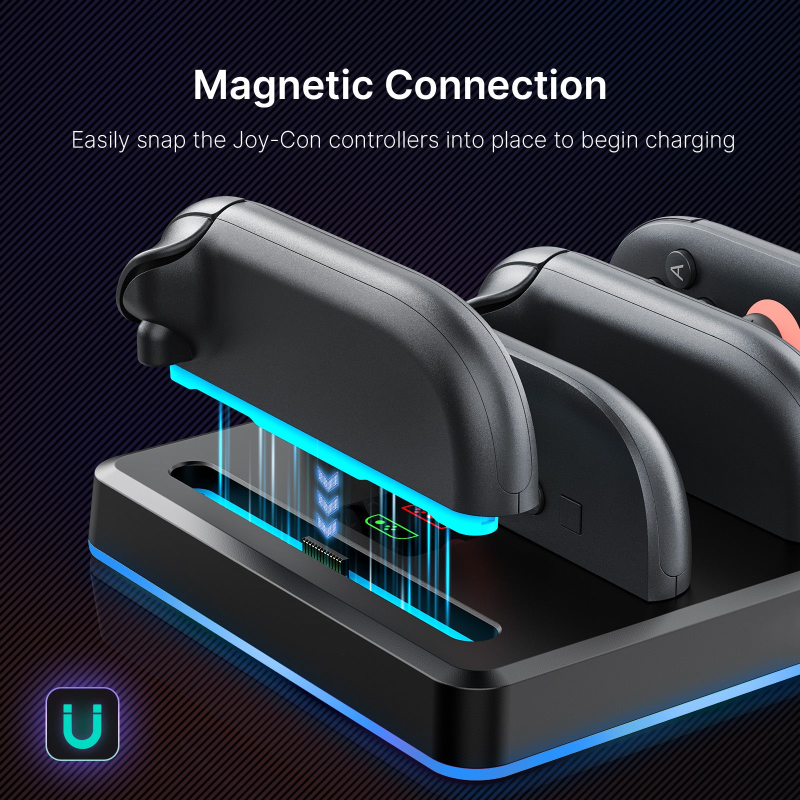 One Joy-Con is inserted into the charging dock via magnetic connection.