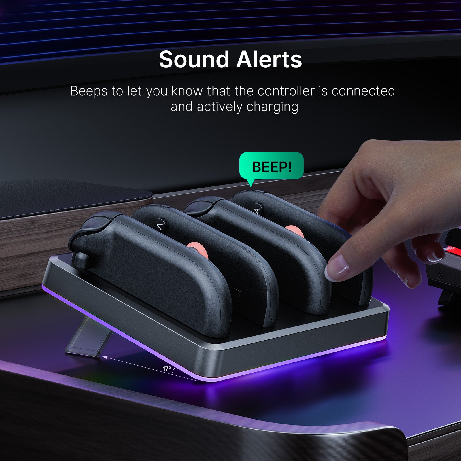 A hand places a Joy-Con onto the charging dock, triggering a perfect fit sound alert.