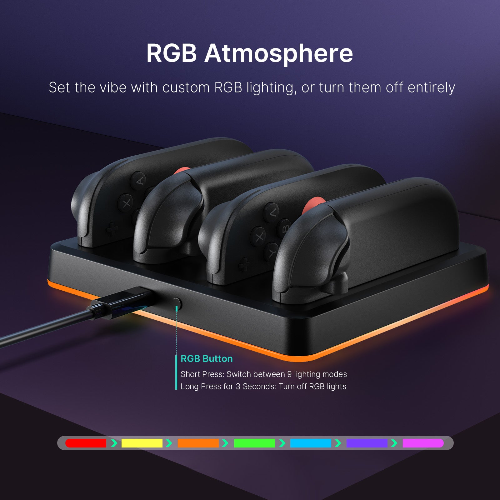 This dock features RGB ambient lighting that can be adjusted manually.