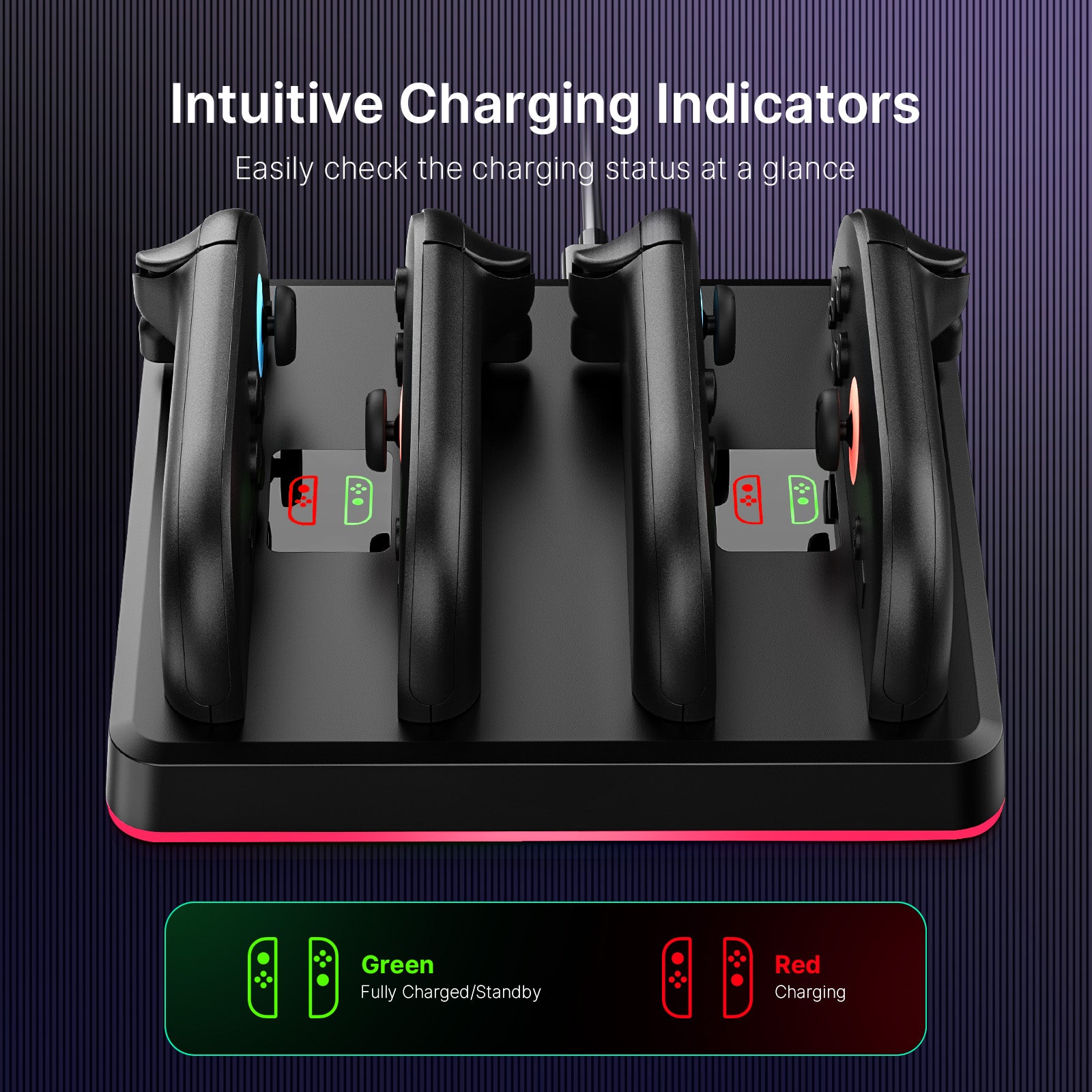 The charging dock’s indicator lights show green for standby/fully charged and red for charging.