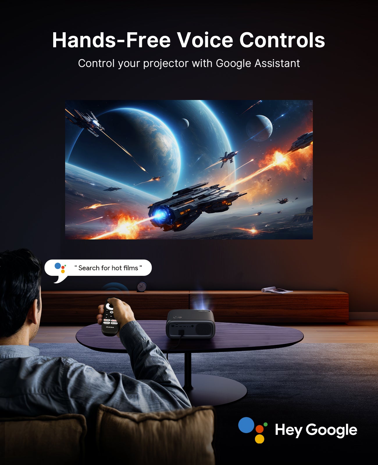 A person is sitting on the sofa while Google Assistant is playing a movie.