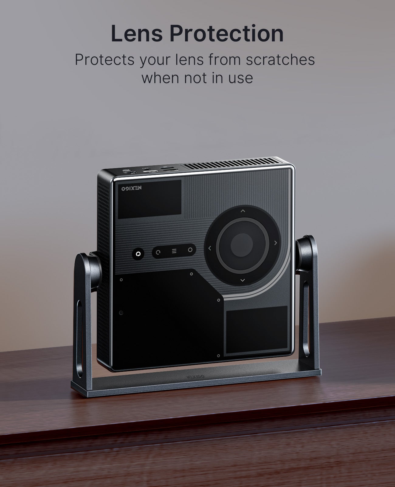 The stand with the PJ08 placed on the table while powered off.