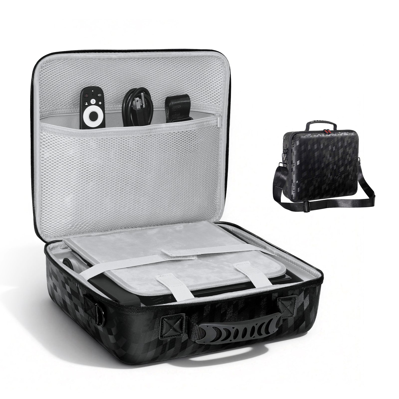 Shows the carrying case open and closed.