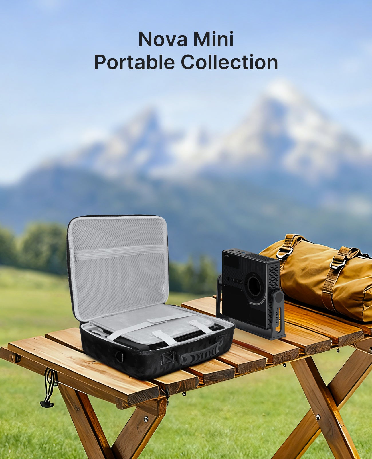 This carrying case sits on a camping table next to the Nova Mini Portable Laser Projector.