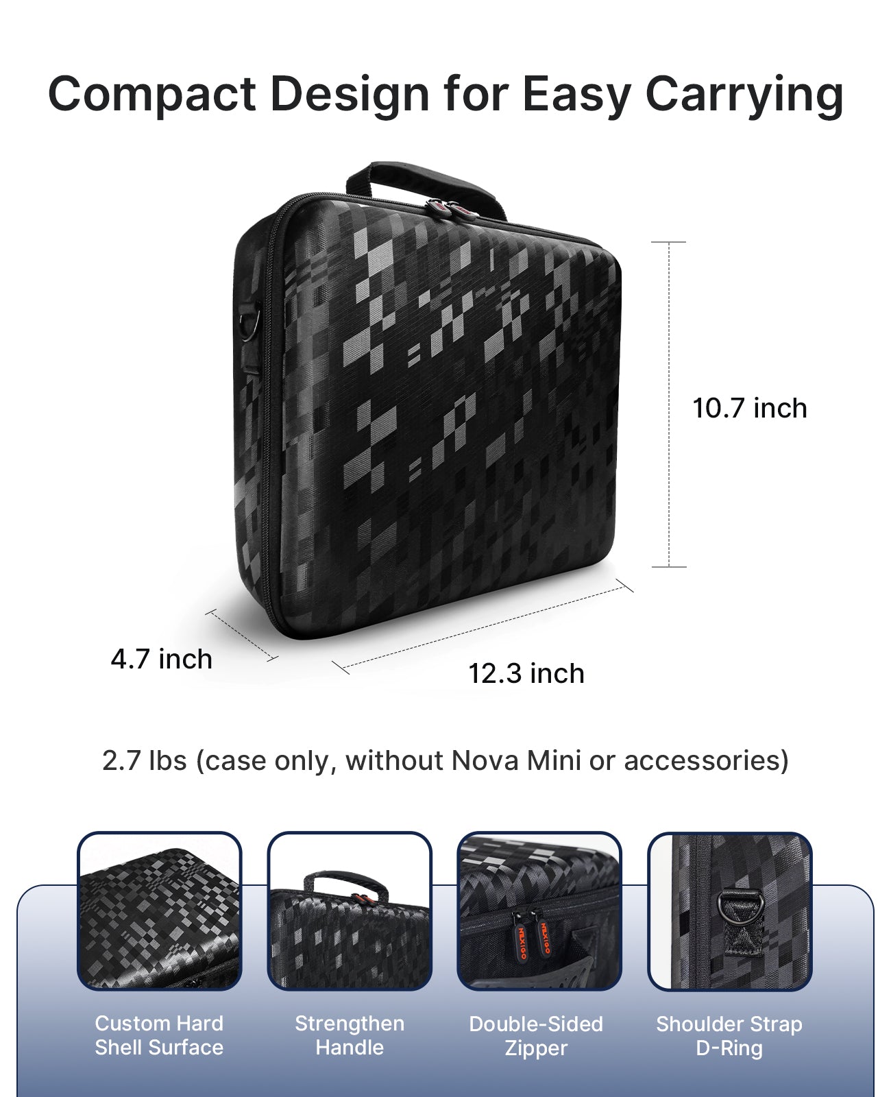 Introduces the carrying case dimensions with close-up details.