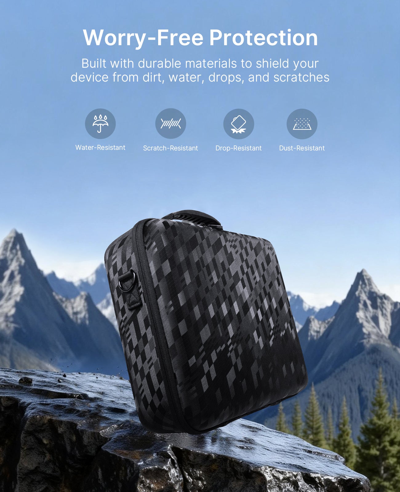 The carrying case falls onto rocks.