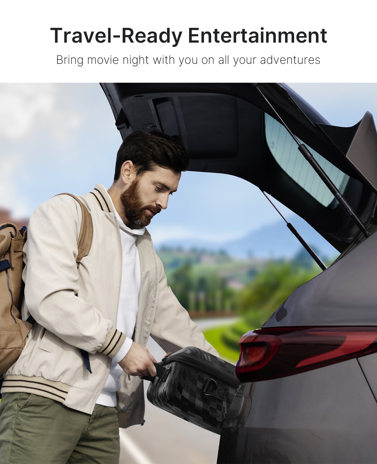 A man preparing for an outdoor trip places the carrying case into the trunk.
