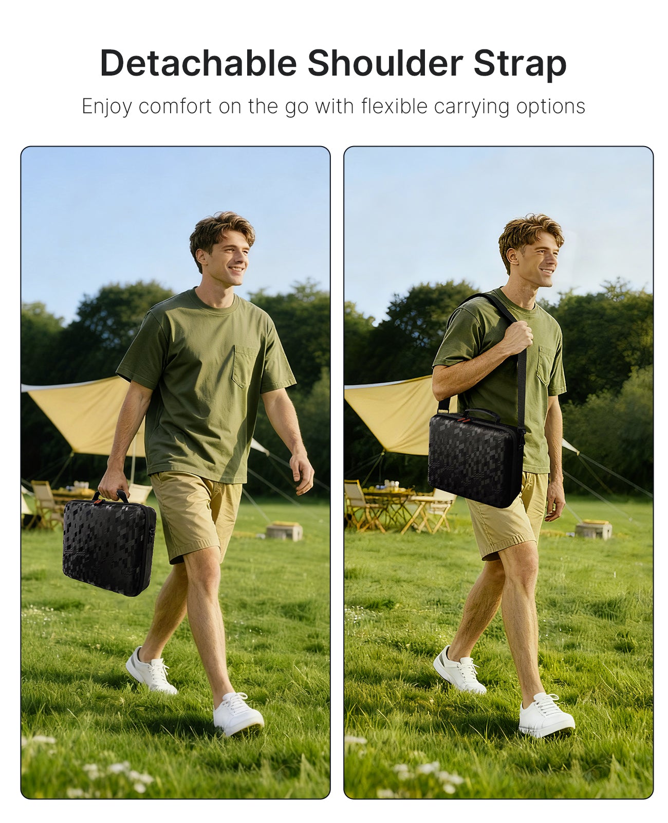 One image shows two carry options: hand carry or shoulder strap.