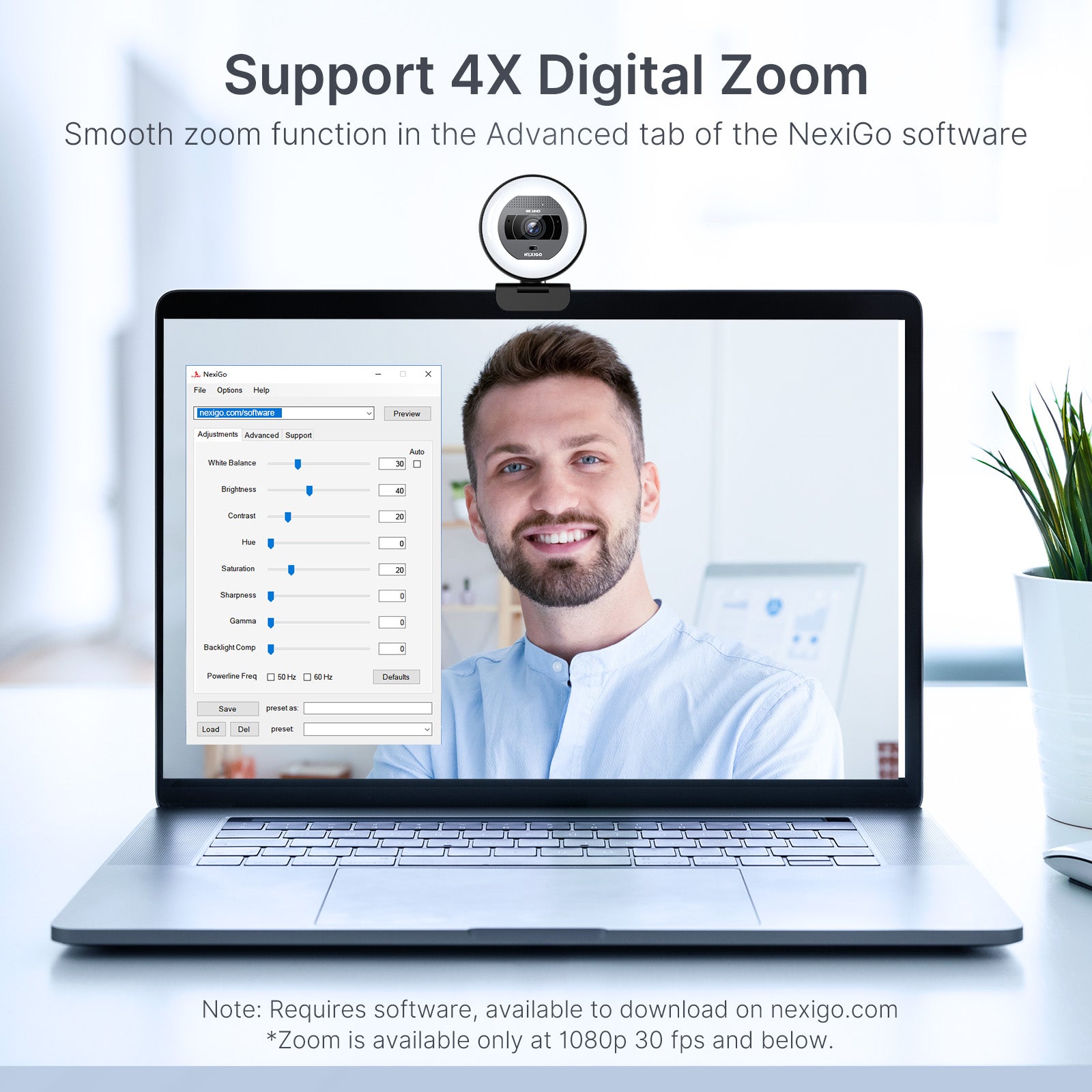 A man adjusting 4x zoom using the NexiGo app