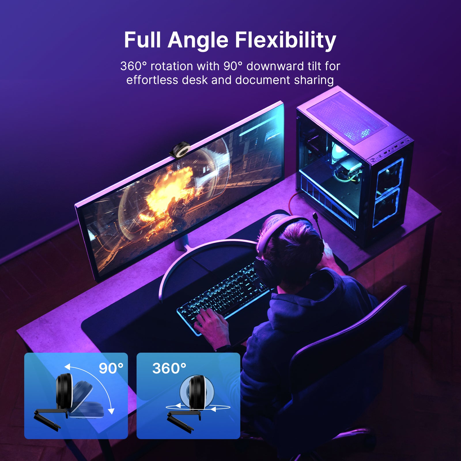 NexiGo N680E Pro mounted on a PC, recording keyboard at 30° downward angle