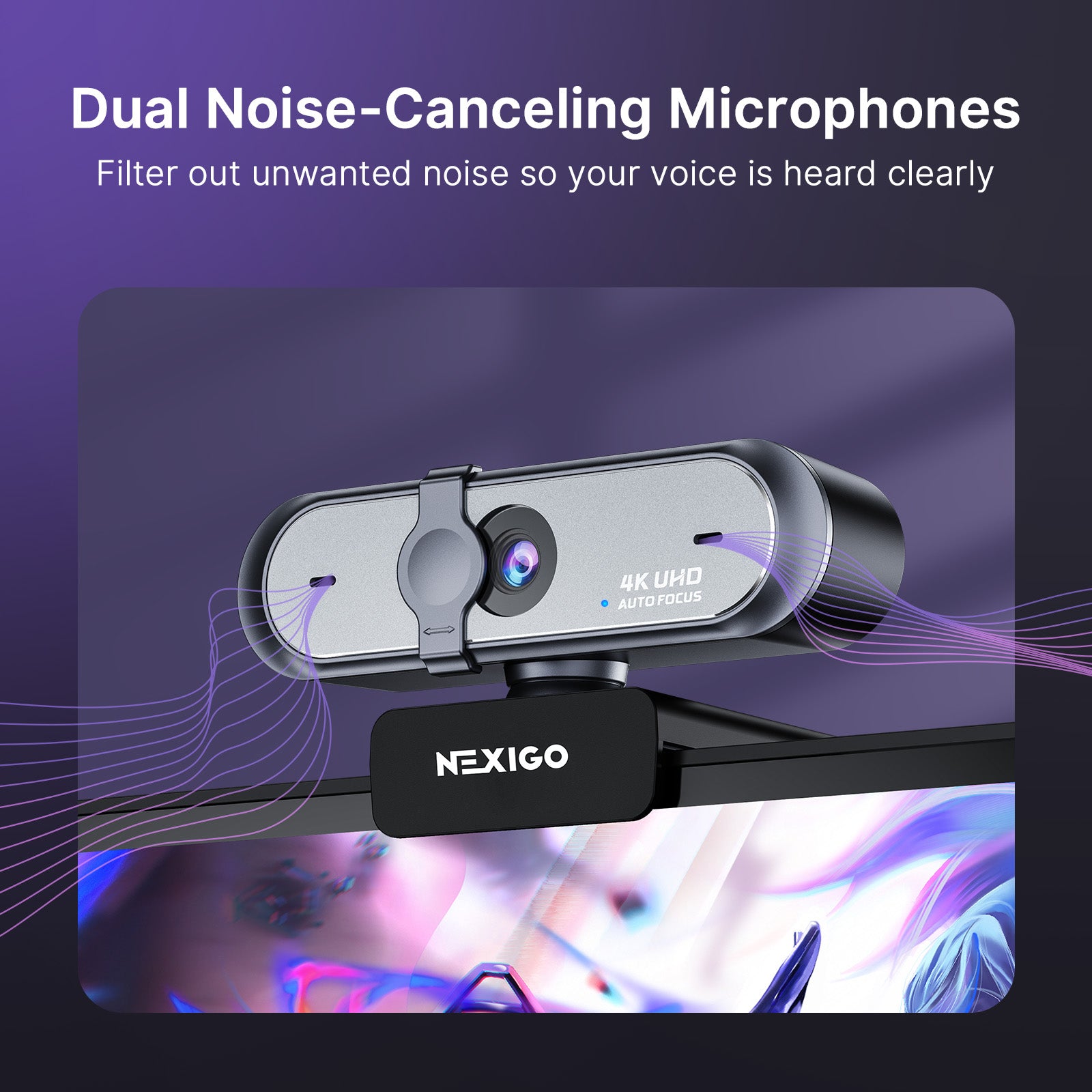  webcam with dual noise-canceling microphones.