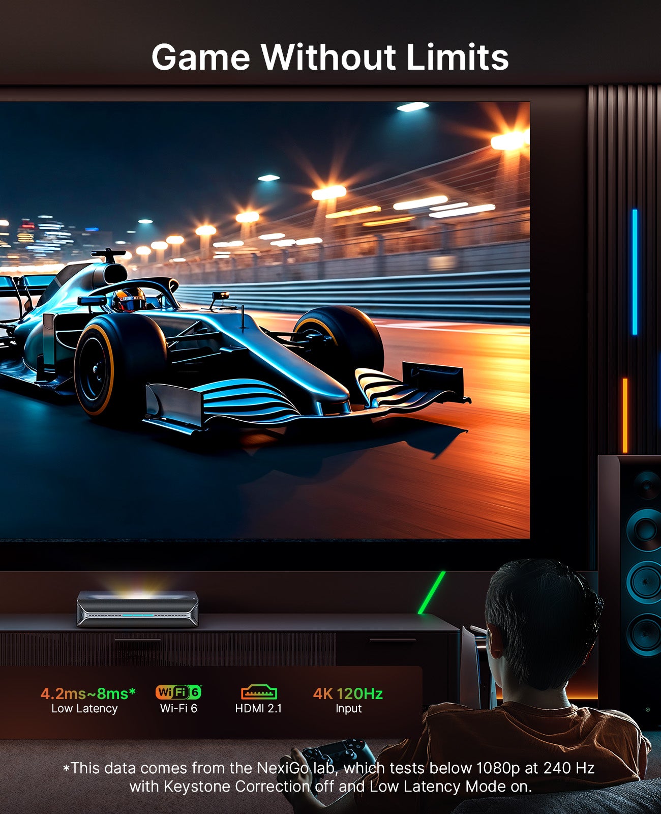 Boy in game room using MKII with ultra-low latency for racing game.